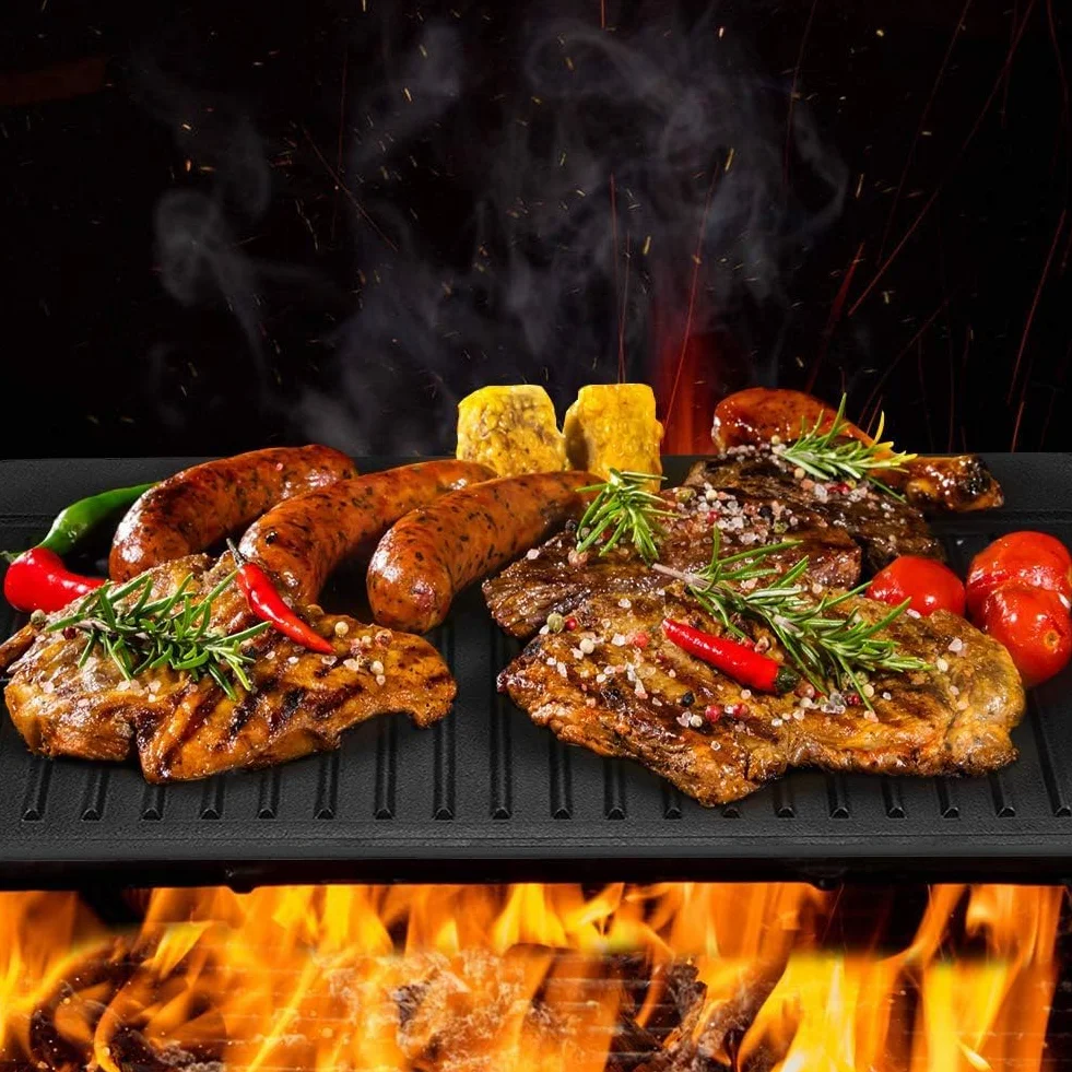 Plancha Hierro Fundido Antiadherente Doble Cara Reversible Dos Asas, para Barbacoa Parrilla Gas Carbón, Uso Horno Fuego Abierto 50.5x23.5x1.4cm