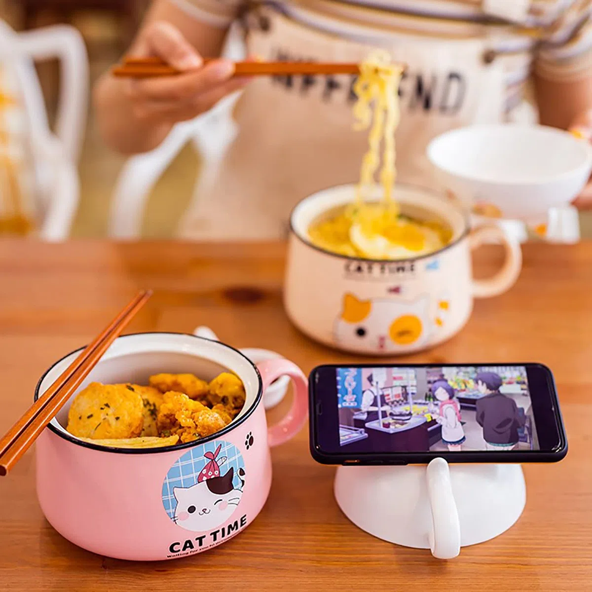 Ramen - Cuenco con tapa, diseño de gato dulce y asa, cuenco de cerámica de 1020 ml