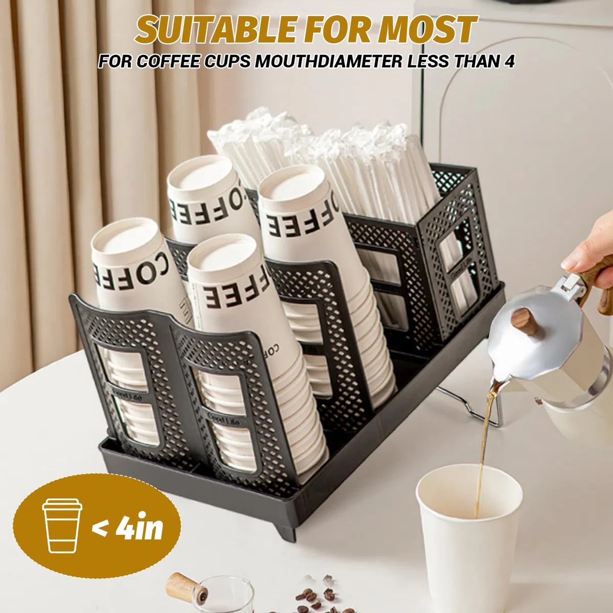 Organizador de tazas de café desechables, soporte para tazas y tapas con soporte, 6 compartimentos, organizador de vasos de papel, dispensador de vasos desechables para estación de café, oficina