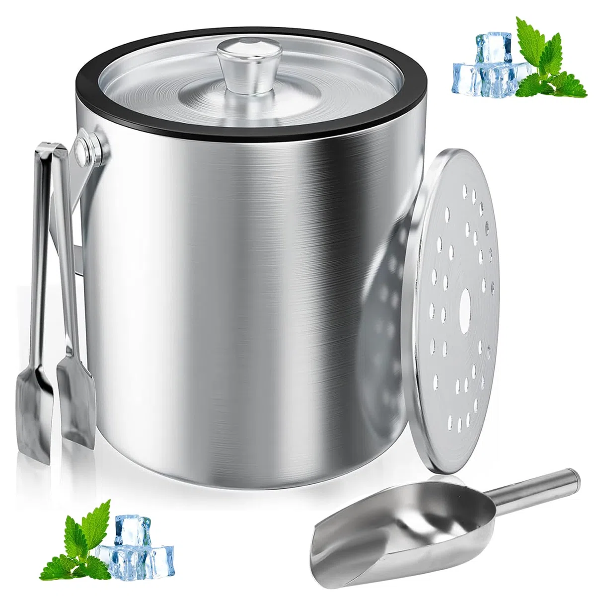 Cubitera, Cubitera Redonda con Tamiz y Pinzas Para Hielo, Cubo para Hielo con Doble Pared y Aislamiento de 3 Litros, Cubitera con Cuchara, Enfriador de Cubitos de Hielo, para Enfriar Cerveza