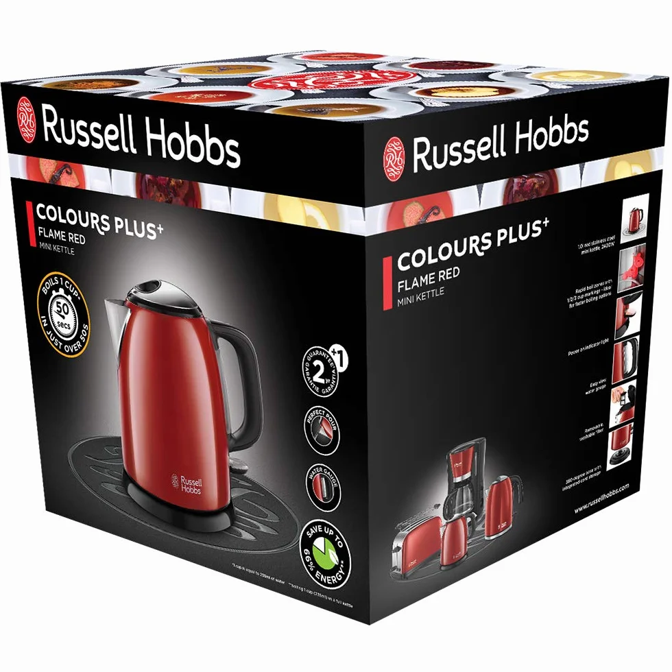 Russell Hobbs Tostadora + Hervidor de Agua Eléctrico Pequeño [pack especial] Colours Plus (acero inoxidable rojo, tostadora una ranura larga y ancha, hervidor compacto 1l de 2400) 21391-56 + 24992-70