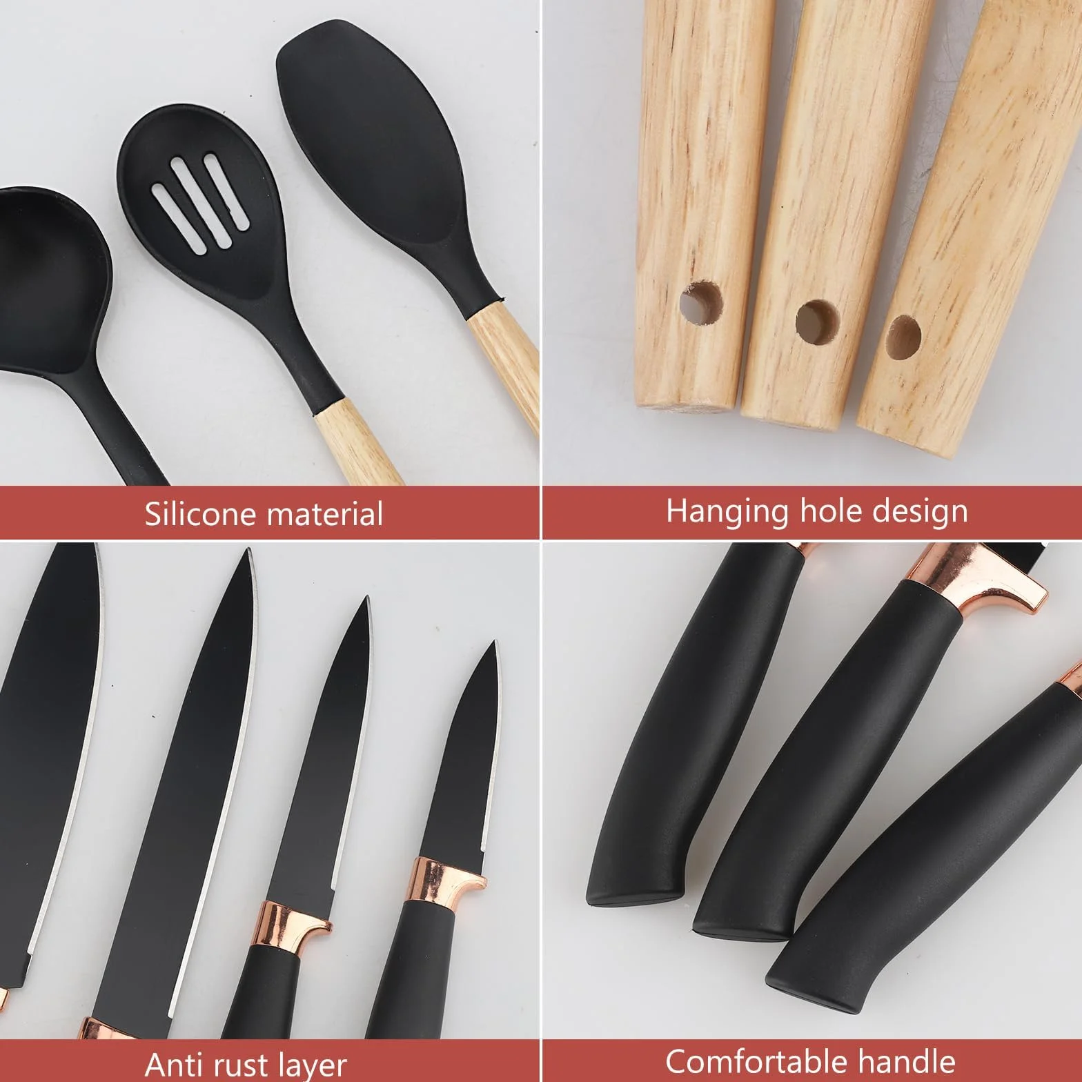 Juego de Cuchillos de Cocina de 19 Piezas, Juego de Utensilios de Cocina de Silicona, Incluye Cinco Cuchillos y una Tabla de Cortar, con Caja de Almacenamiento (Negro)