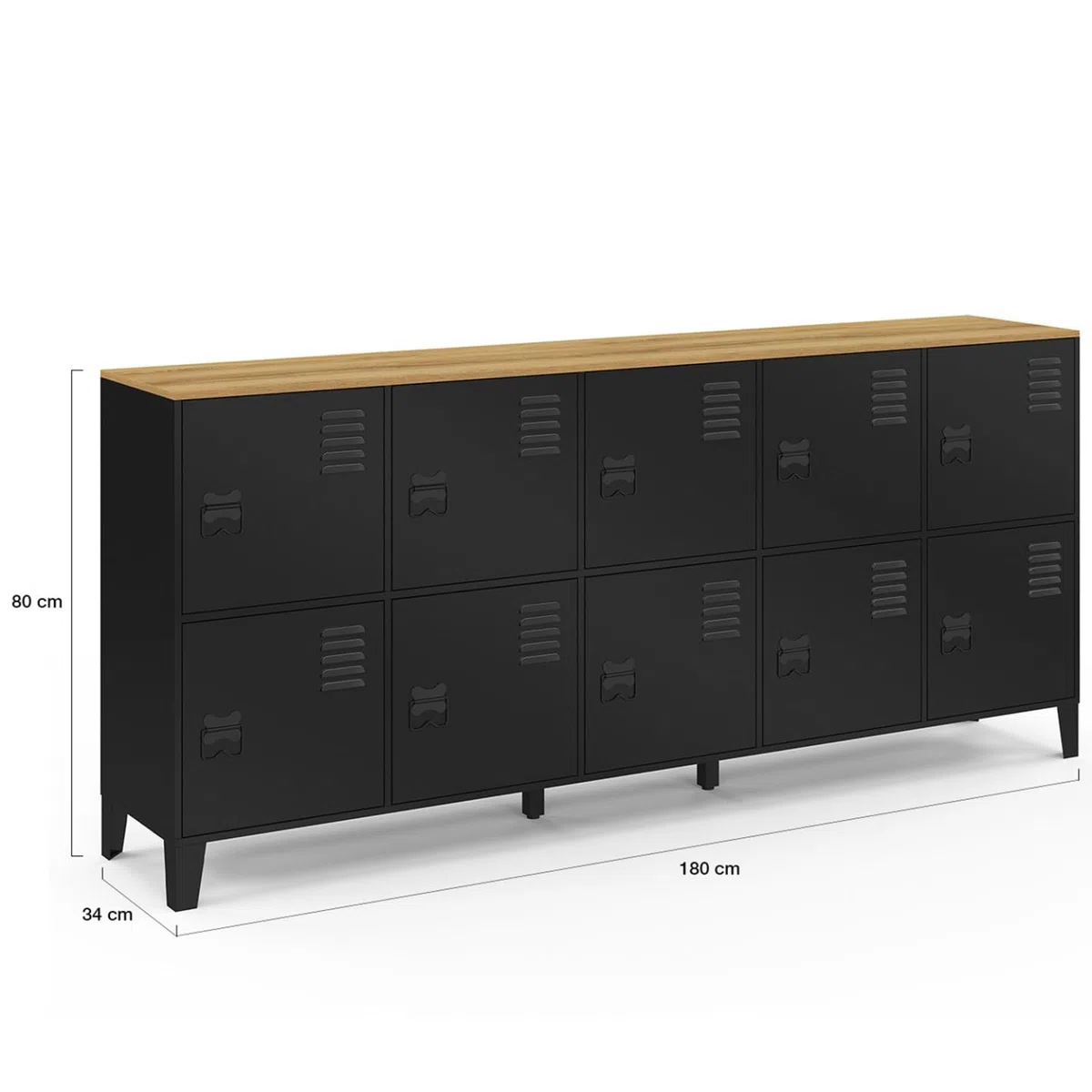 IDMarket – Aparador de armario 180 cm Ester 10 puertas de metal negro bandeja madera diseño industrial