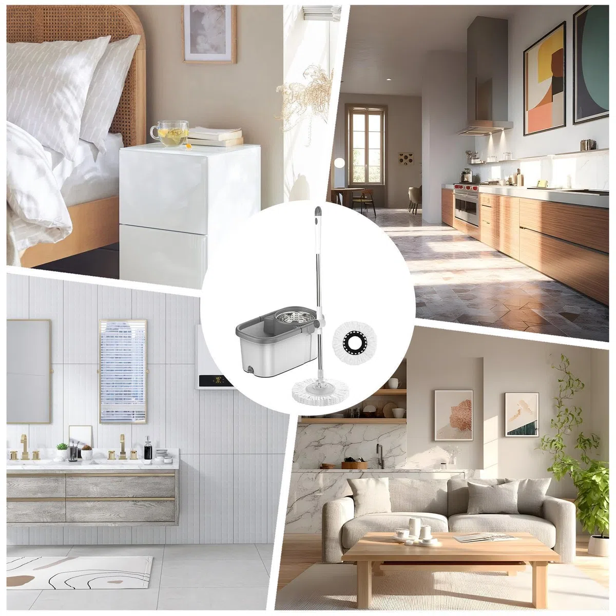 Fregona Y Cubo De Limpieza Hogar Compacto Ligero Mango Ajustable Doméstico | Kit Completo De Fregona Y Cubo Con Rotación 360 Grados Autotorsión Apta Para Suelos De Madera, Baldosas, Mármol, Baño,