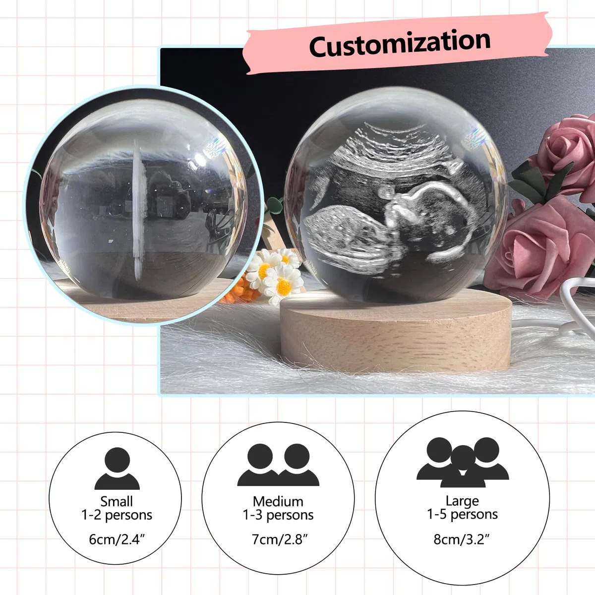 Bola de Cristal Personalizada con Base de Luz LED, Bola de Decoración con Grabado de Foto por Ultrasonido, Marco de Texto y Fotos Personalizable, Regalos Sorpresa para Futuros Padres