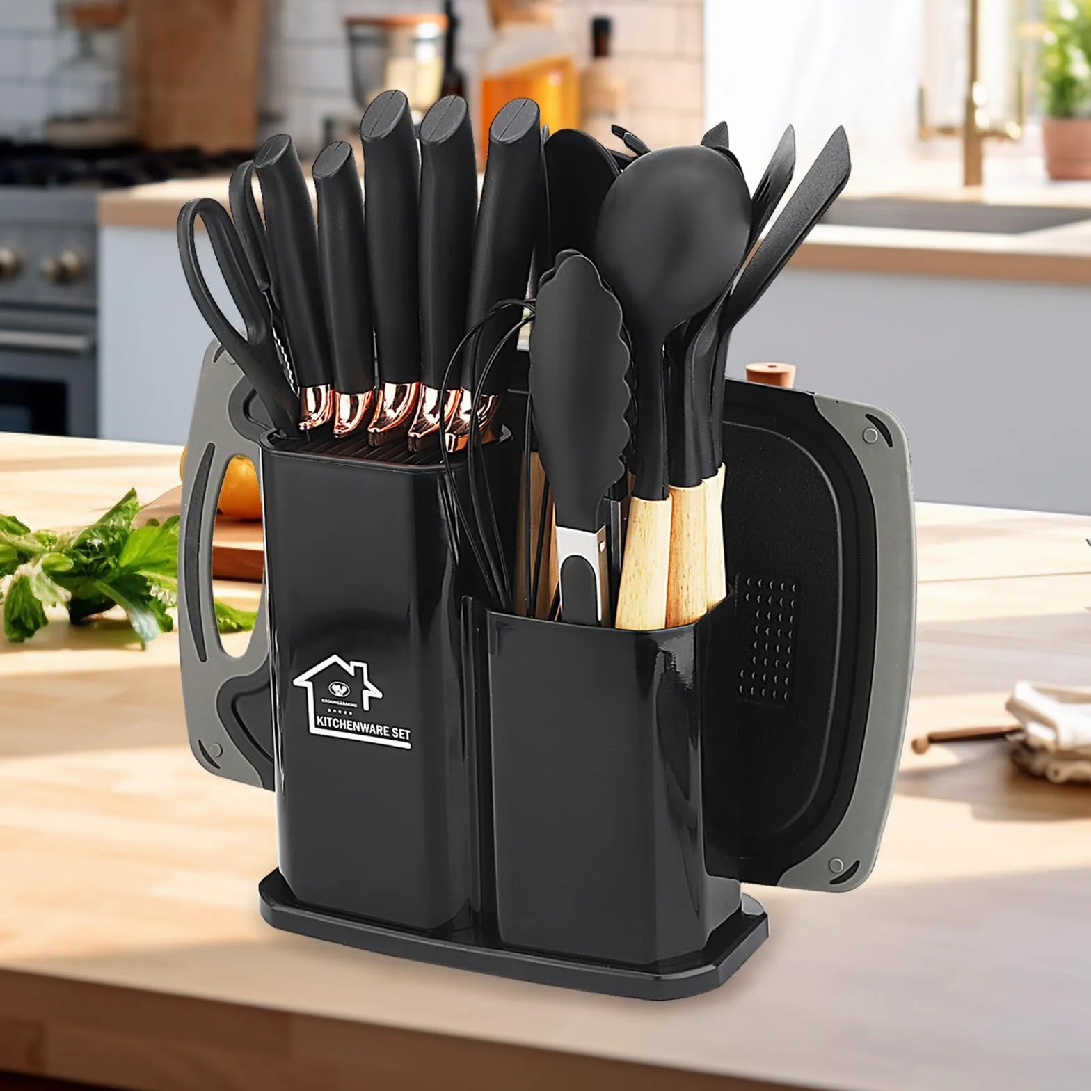 Juego de Cuchillos de Cocina de 19 Piezas, Juego de Utensilios de Cocina de Silicona, Incluye Cinco Cuchillos y una Tabla de Cortar, con Caja de Almacenamiento (Negro)