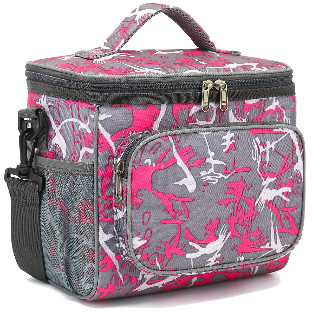 FlowFly - Fiambrera reutilizable con aislamiento para adultos y hombres, con correa de hombro ajustable, bolsillo frontal con cremallera y bolsillos laterales de malla doble grande