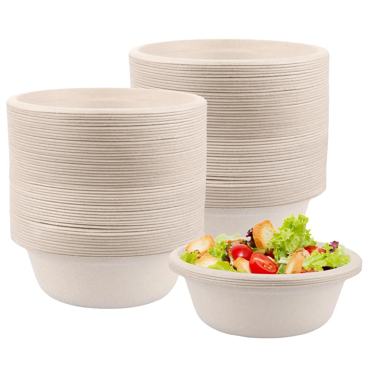 Pack de 100 Cuencos Desechables de 500 ml Color Natural, Cuencos Papel Desechables con Fibra Vegetal de Trigo para Sopa, Ensalada, Aperitivos, Fiestas y Picnic