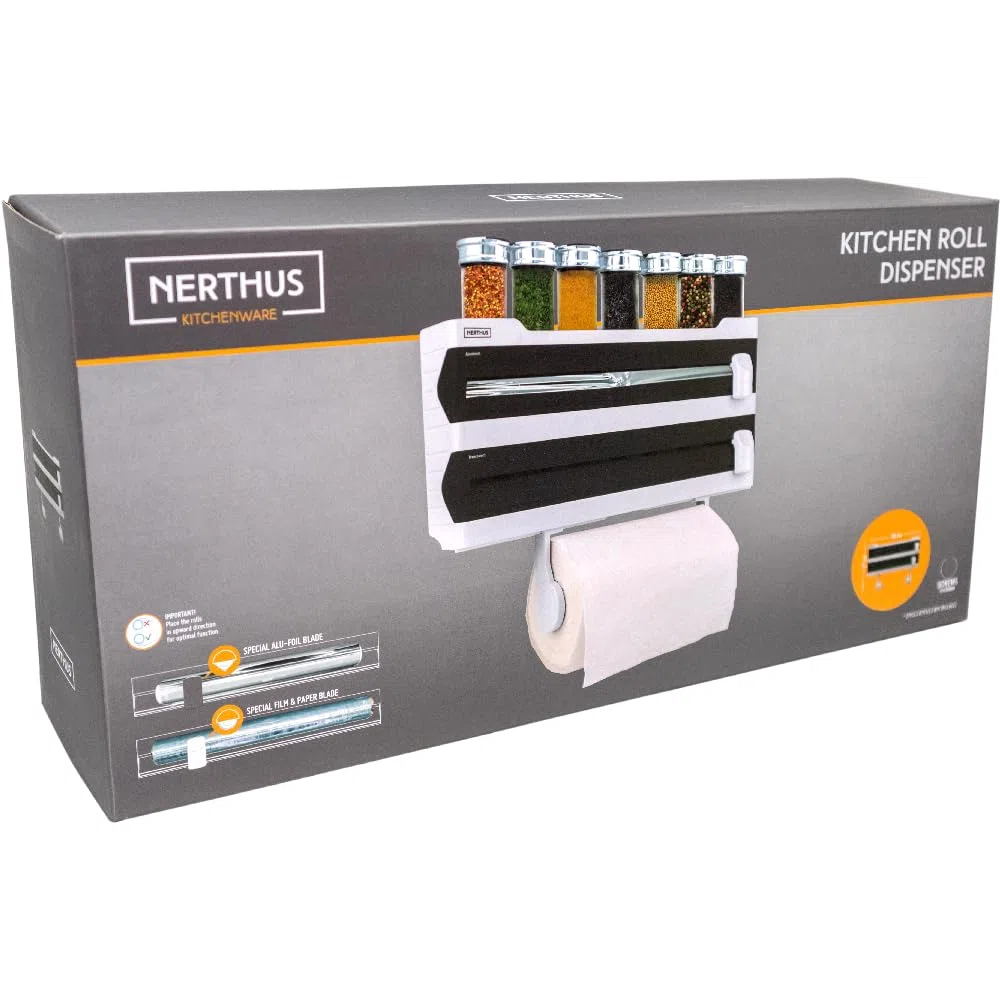 Nerthus FIH 1256 portarrollos Pared Triple Aluminio Film y Papel con Corte Estante especiero Cocina
