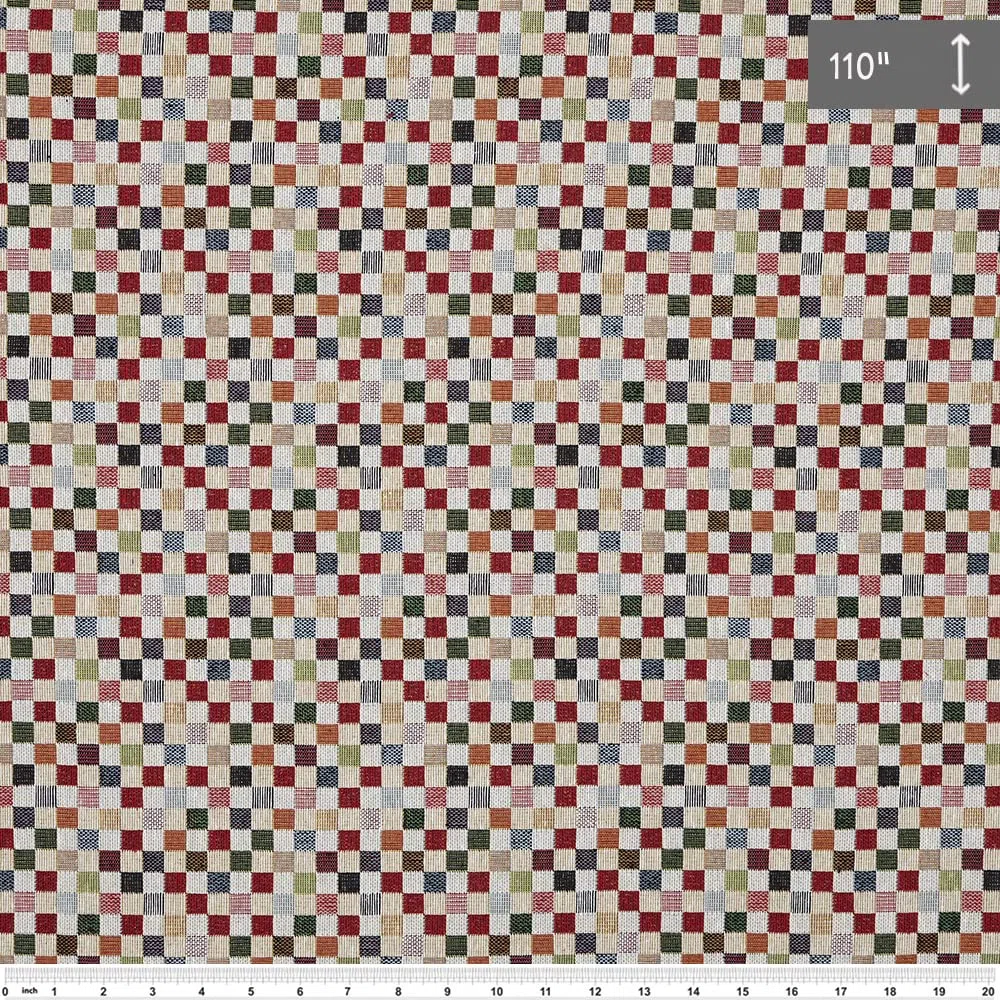 Kt KILOtela - Tela Tapicería, Jacquard Gobelino, Tapizar, Cojines, Sofá, Resistente, 100 cm Largo x 280 cm Ancho, Cuadros Pequeños, Rojo, Naranja, Verde, Azul, Beige ─ 1 Metro