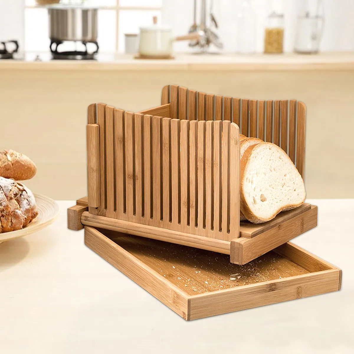 Cortador de pan de bambú, guía ajustable y plegable, bandeja para migas, rebanadoras de madera para pan casero, 31,7 x 23,7 x 19 cm