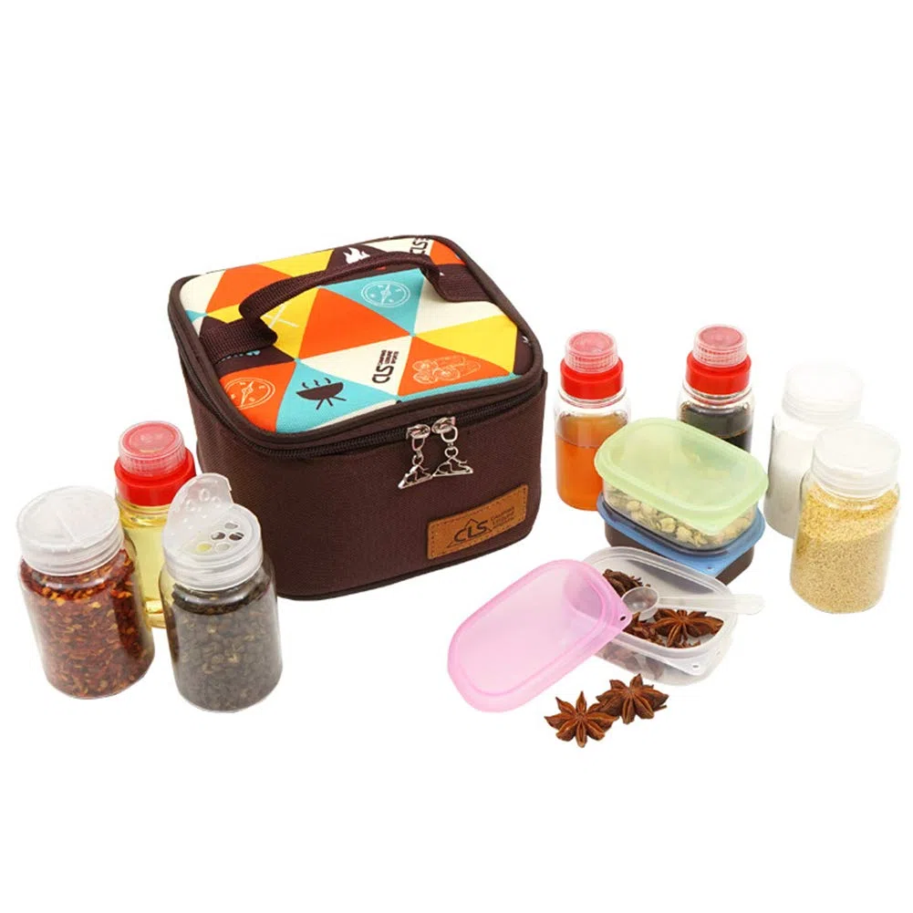 Tarros de especias para camping, sal, azúcar, pimienta con tapa giratoria y bolsa de embalaje para cocina y barbacoa (juego de 10)