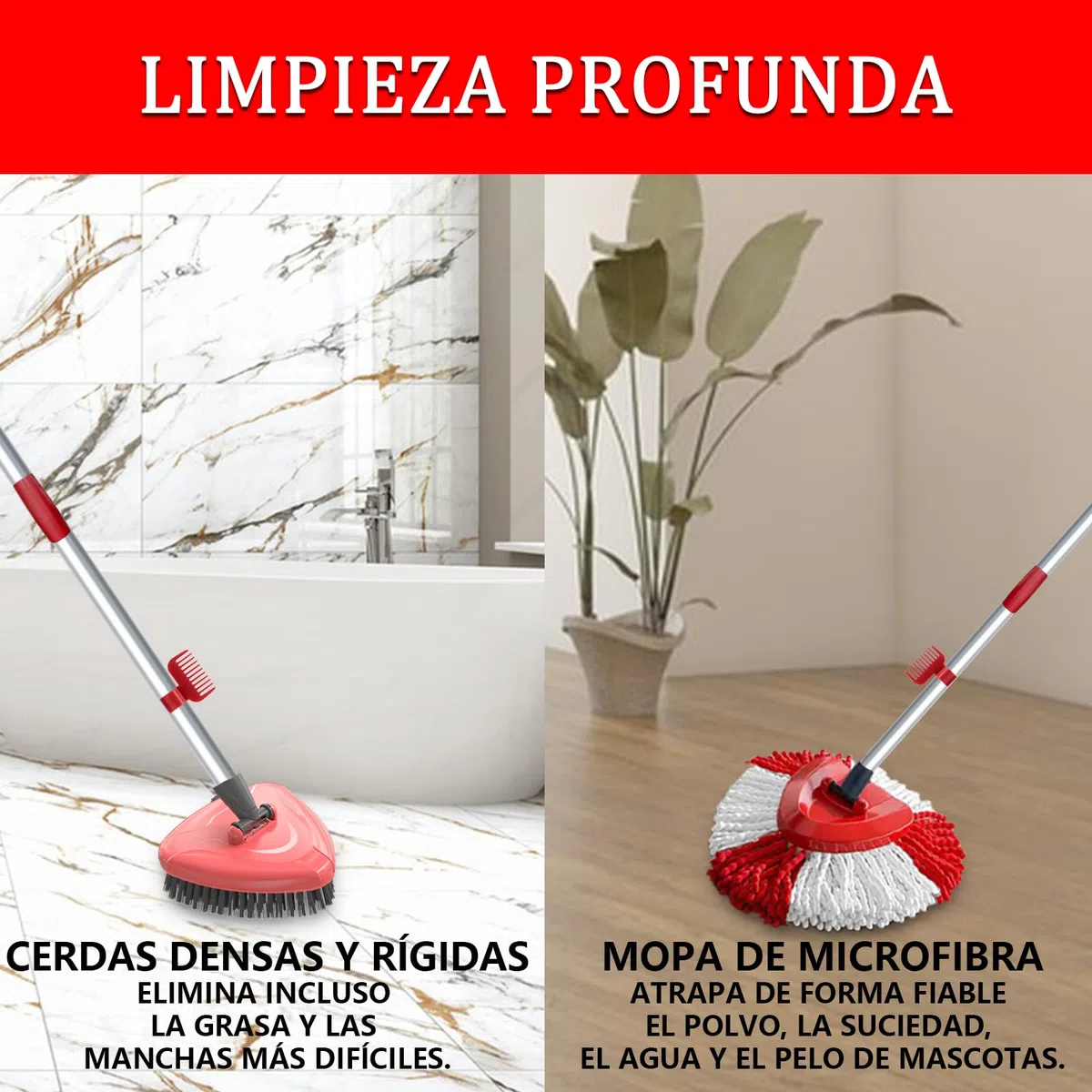 Funda de recambio para Turbo 2 en 1, cabezales de recambio para fregona y fregona con 4 cabezales de microfibra, 1 palo, 1 base y 1 cepillo, apta para todo tipo de suelos