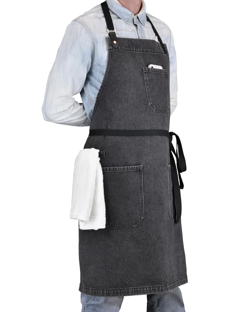 Delantal de chef profesional con bolsillos, delantal de mezclilla negro para cocina, cocina, parrilla, barbacoa, con lazo para toalla y correas ajustables para el cuello, Black Denim
