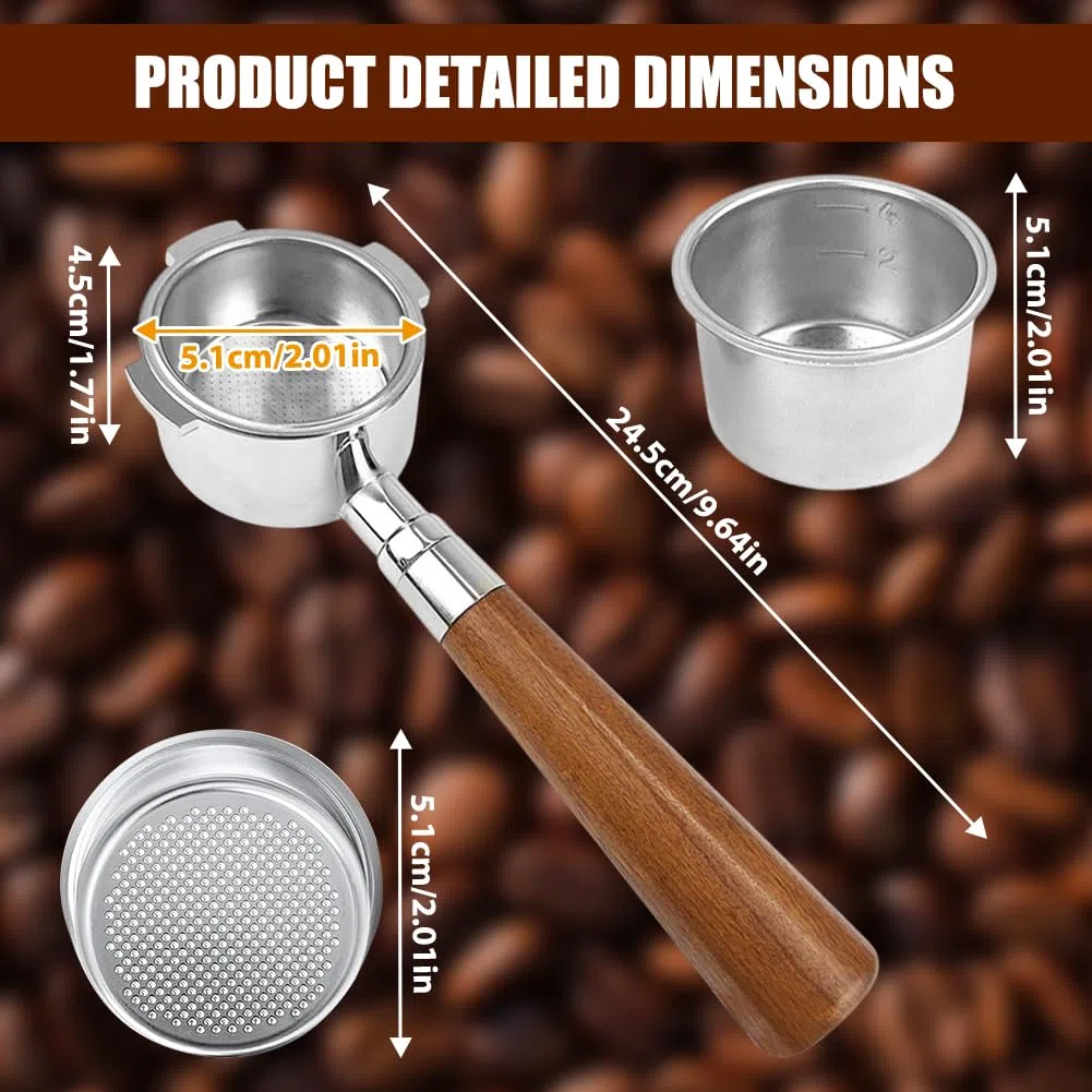 Portafiltro sin fondo 51mm para DeLonghi Dedica EC680/EC685/EC885 con 3 orejas y asa de madera | Filtro de acero inoxidable de 0,3mm de poro | Compatible con EC785/EC820/EC850/EC860, construcción