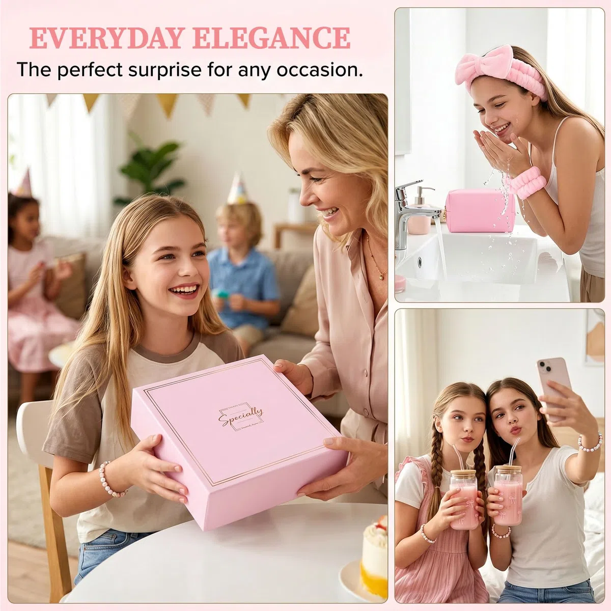 rosa Caja de regalo para niñas adolescentes 9-16 años, set de regalos de cumpleaños con vaso de vidrio, pajita, tapa, brochas de maquillaje, neceser, horquilla, conjunto de diademas