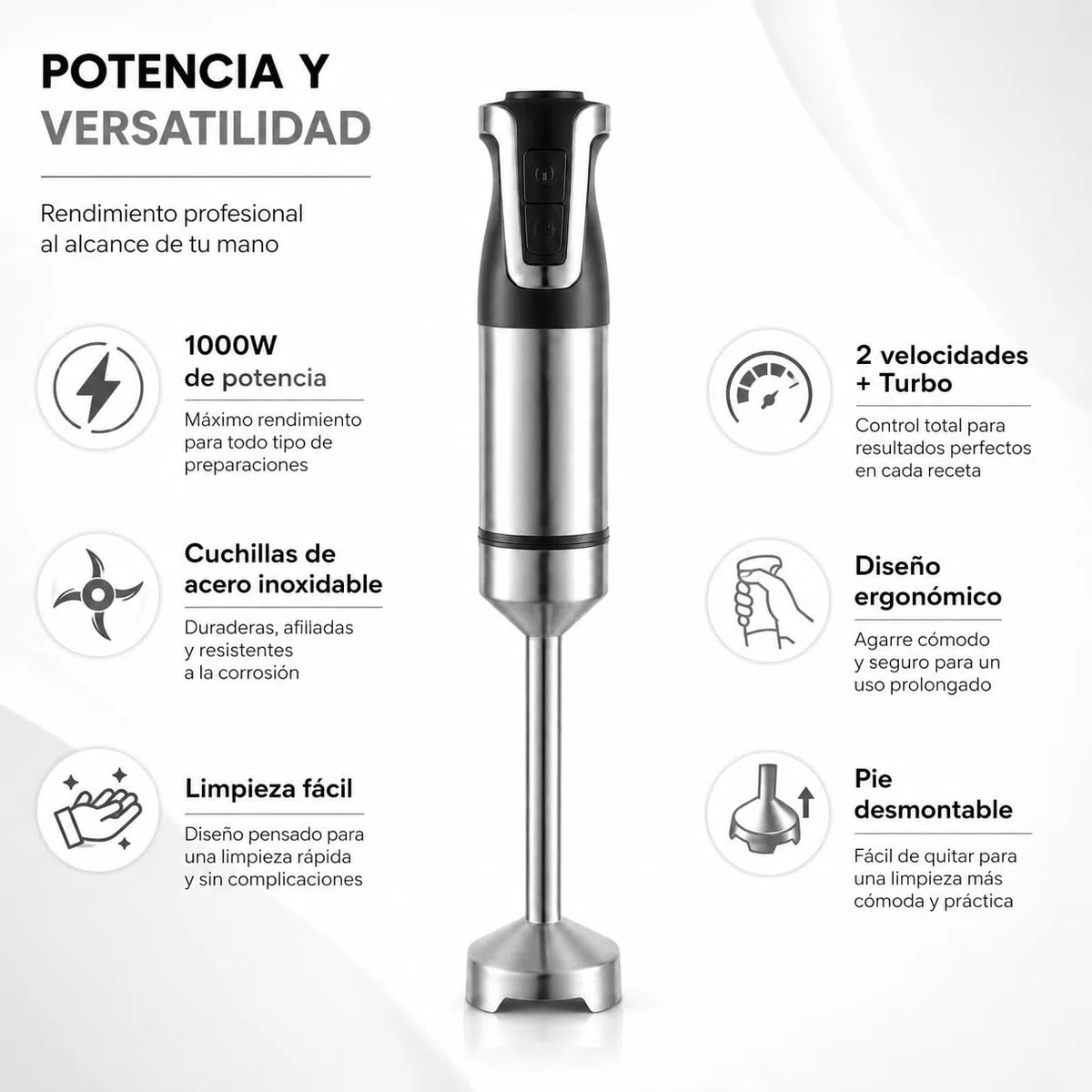 Batidora de Mano 1000W, Batidora Eléctrica con 2 Velocidades y Turbo, Pie Desmontable, Cuchillas de Acero Inoxidable, Diseño Ergonómico, Apta para Lavavajillas, Uso Diario para Sopas Purés y Salsa