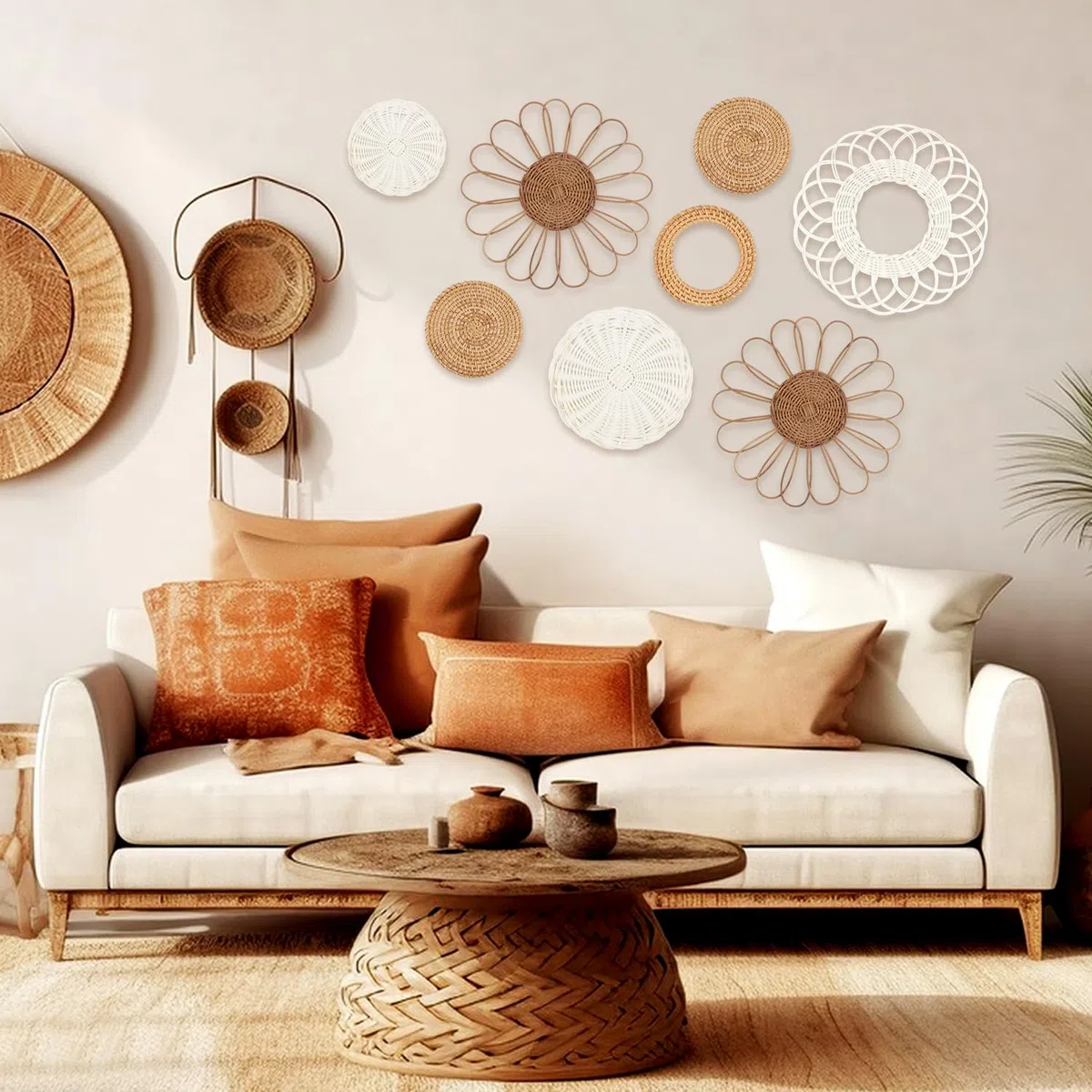 YIYA Juego de 8 Cestos Mimbre Decoración Pared Cestas de Ratán para Pared Decoración Bohemia para Decoración de Pared Sala de Estar o Dormitorio