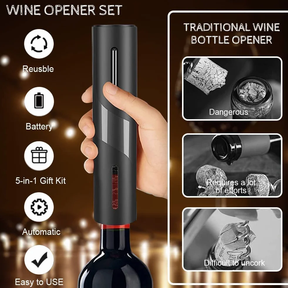 Sacacorchos Eléctrico, USB Recargable Abridor de Vino Automatico Profesional 6 en 1 con Base, Cortacapsulas Botella, Vertedor de Vino, Tapón de Vino de Vacío