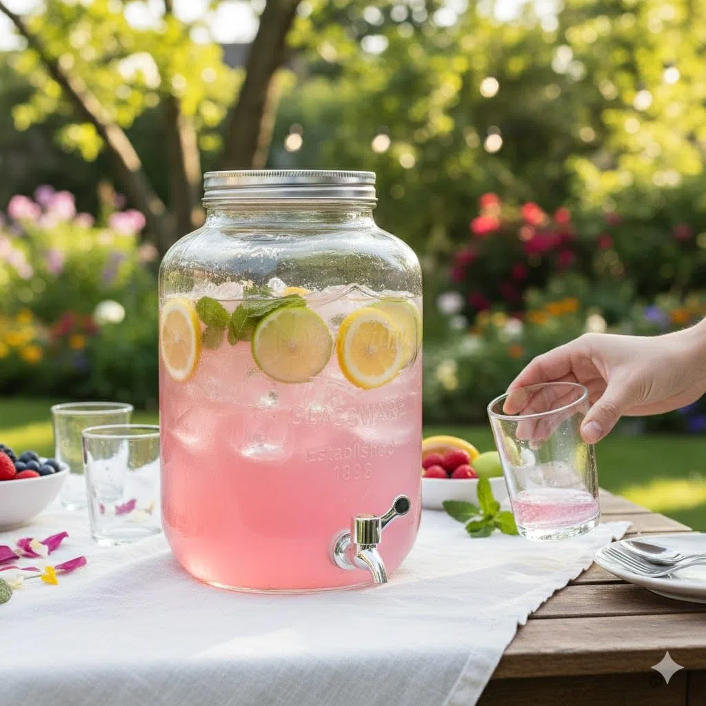 Dispensador de Bebidas de Cristal con Grifo Antigoteo, Tapa Metálica, Estilo Vintage Retro para Fiestas, Eventos, Limonada, Sangría, Agua (5 Litros (27 cm)) Bote con Grifo
