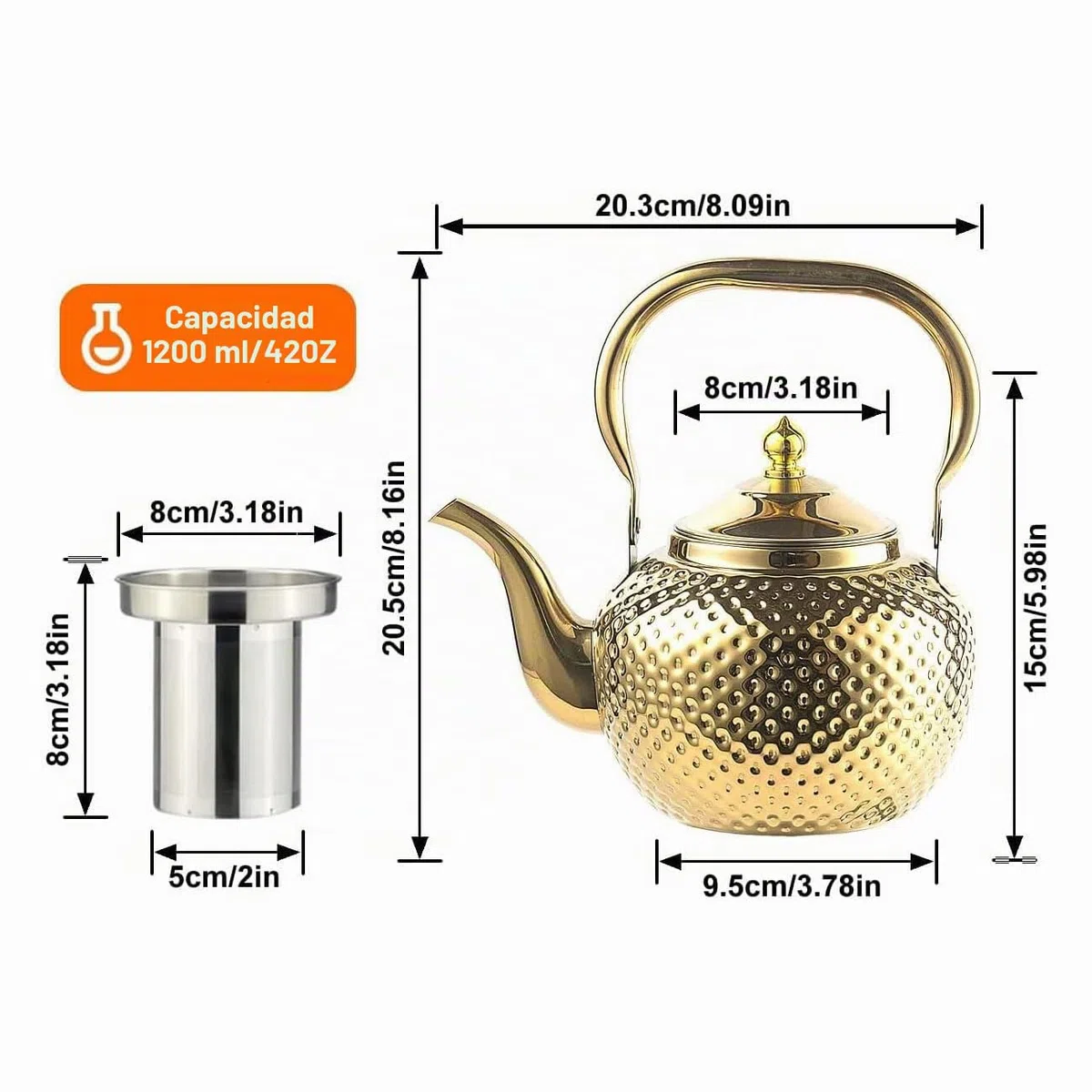SANQIAHOME 1,2 litros Tetera de acero inoxidable con Filtro para infusiones extraíble,Cafetera, dorado