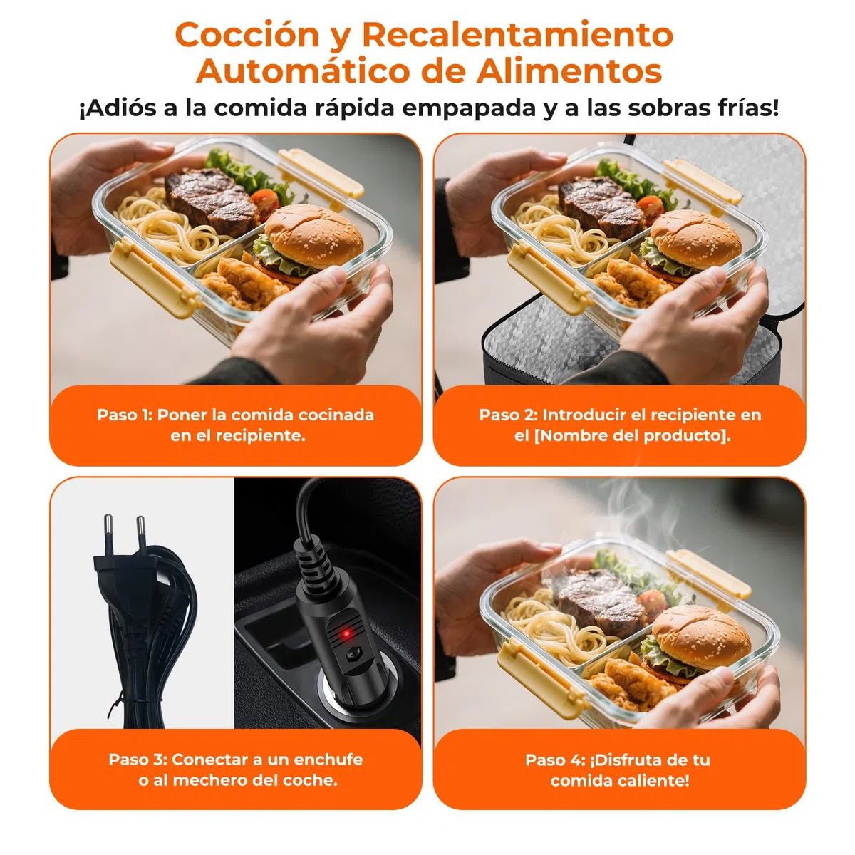 Fiambrera Eléctrica de 80 W - 3 en 1 Gran Comida Térmico con Bolsa, Calentador de Comidas Pequeño, 12V/24V/220V para Coche, Camión, Oficina y Viajes, Negro