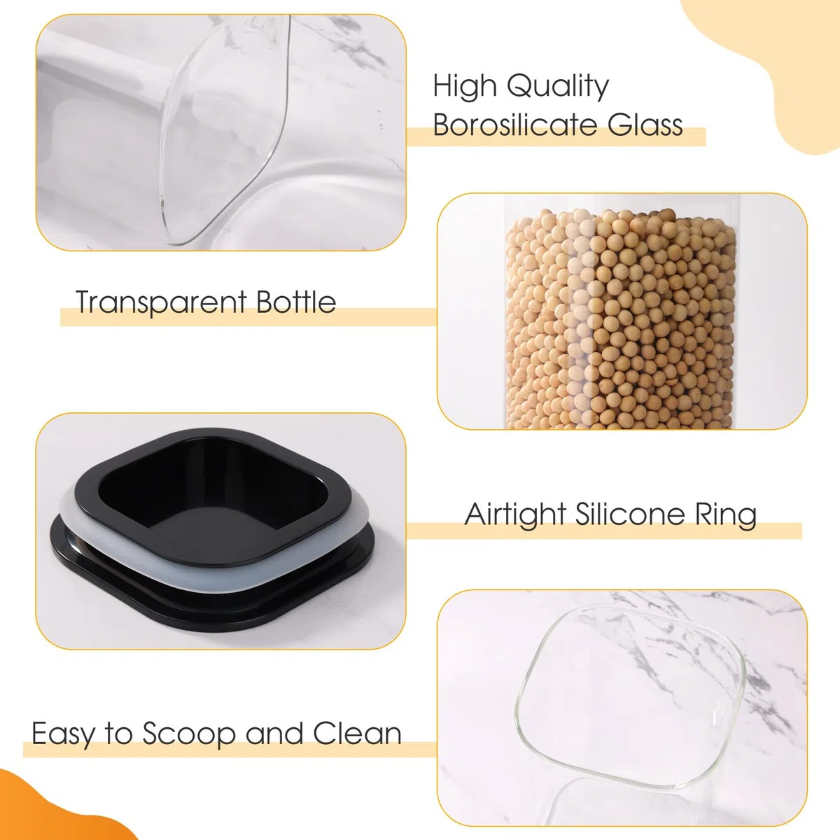 6PCS Tarros de Cristal con Tapa 1000ml/600ml, Herméticos & Apilables - Botes de Cristal con Tapa Cuadrados - Botes Cocina Almacenaje para Pasta, Cereales, Legumbres, Café