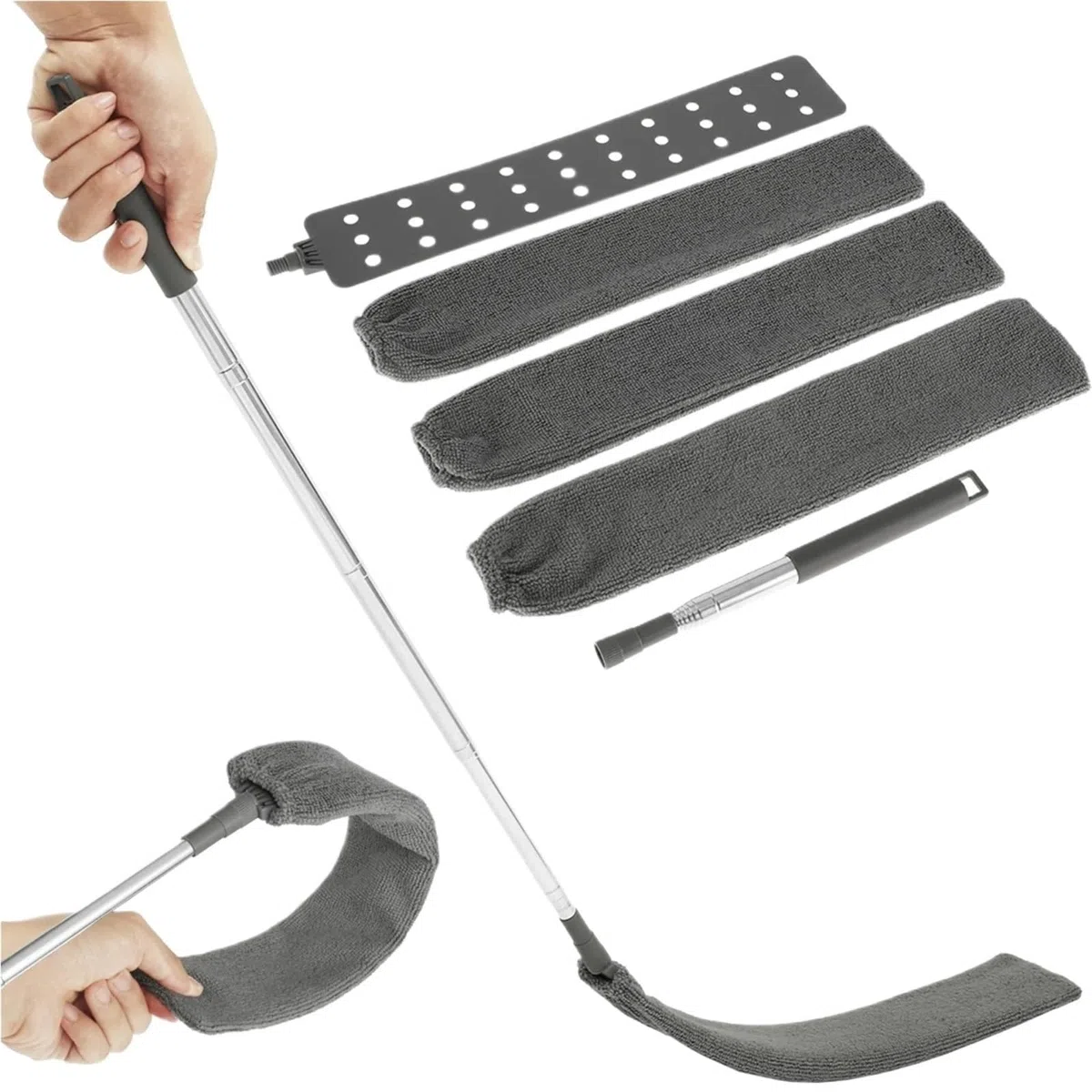 Plumero Atrapapolvo Limpiador de Polvo Gap, cepillos retráctiles Microfibra, Flexibles, Largos y Planos, con Poste Extensible, Herramientas Limpieza del hogar(Dark Gray)