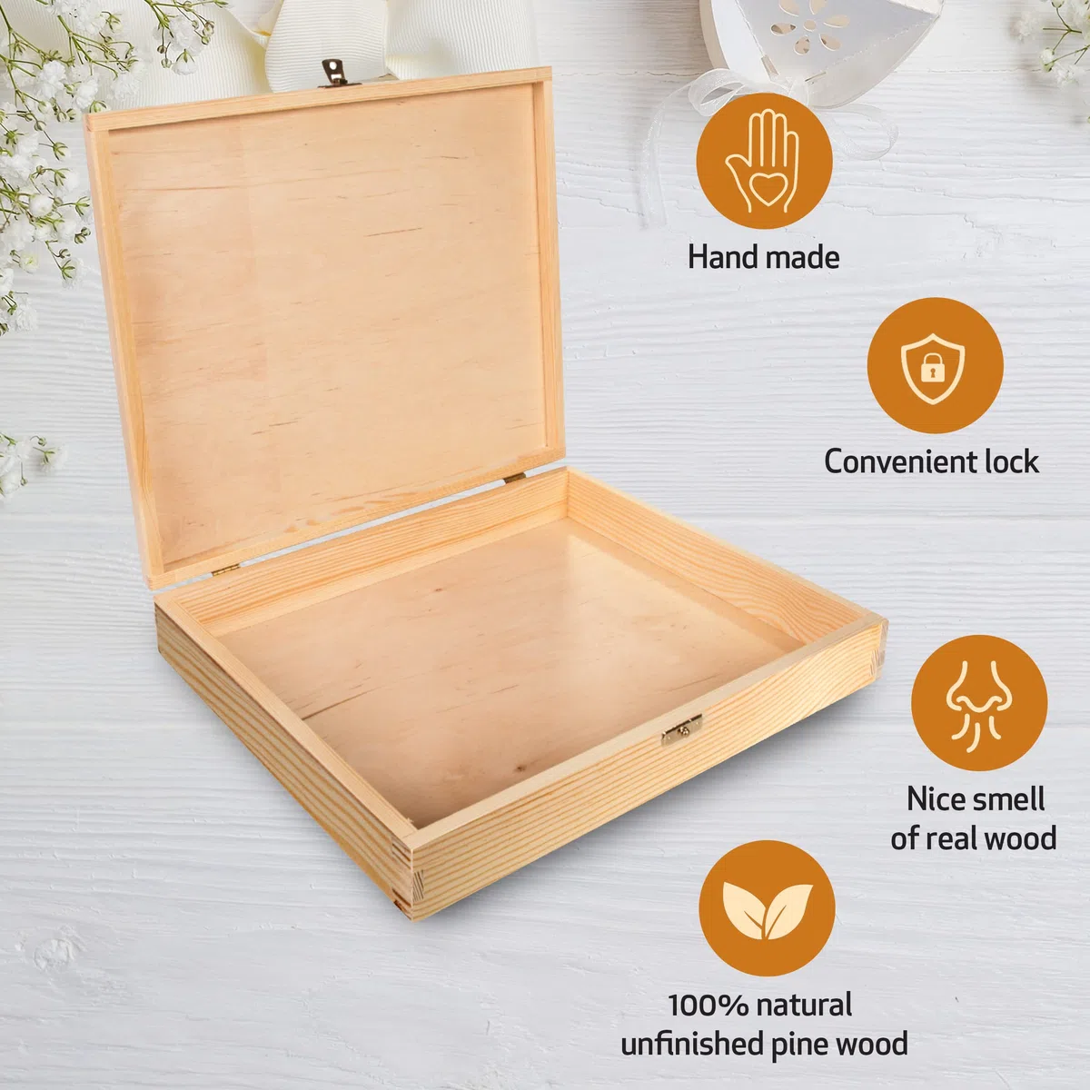 Caja de madera natural con tapa, , 40 x 30 x 10 cm, caja de recuerdos, regalo