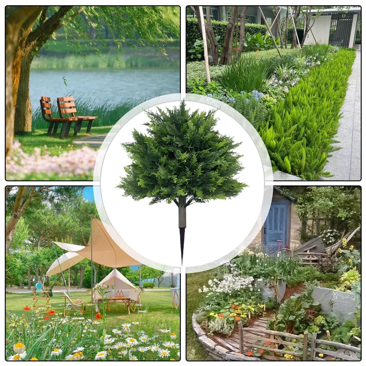 Árboles topiarios de cedro artificiales para exteriores, plantas de ciprés realistas para interiores, árbol de hoja perenne resistente a la intemperie de 2 pies con estaca de tierra para patio, jardín