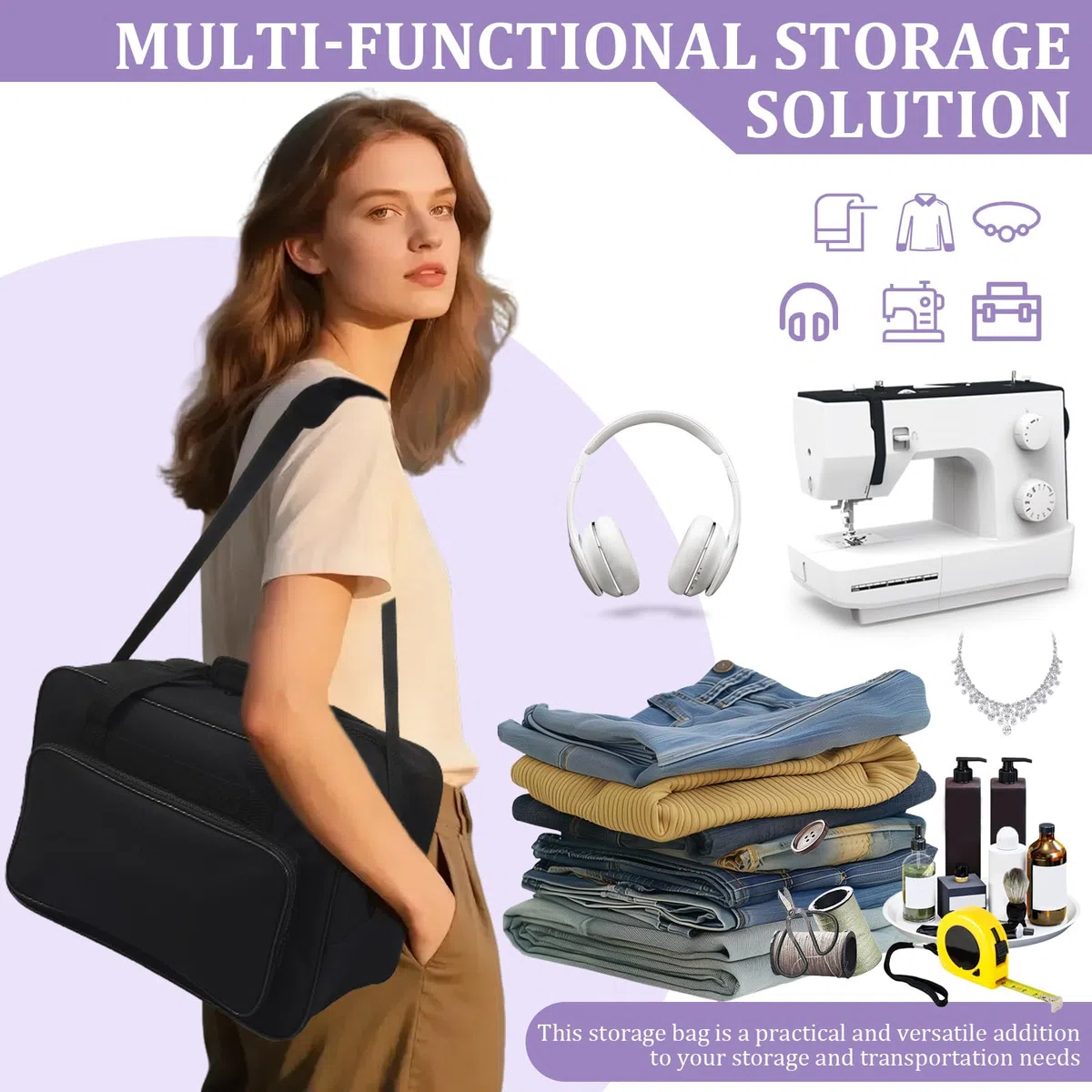 Maletín para máquina de coser, impermeable, con correa para el hombro y asas, 46 x 23 x 32 cm, maletín universal para la mayoría de máquinas de coser estándar y accesorios, Negro , large