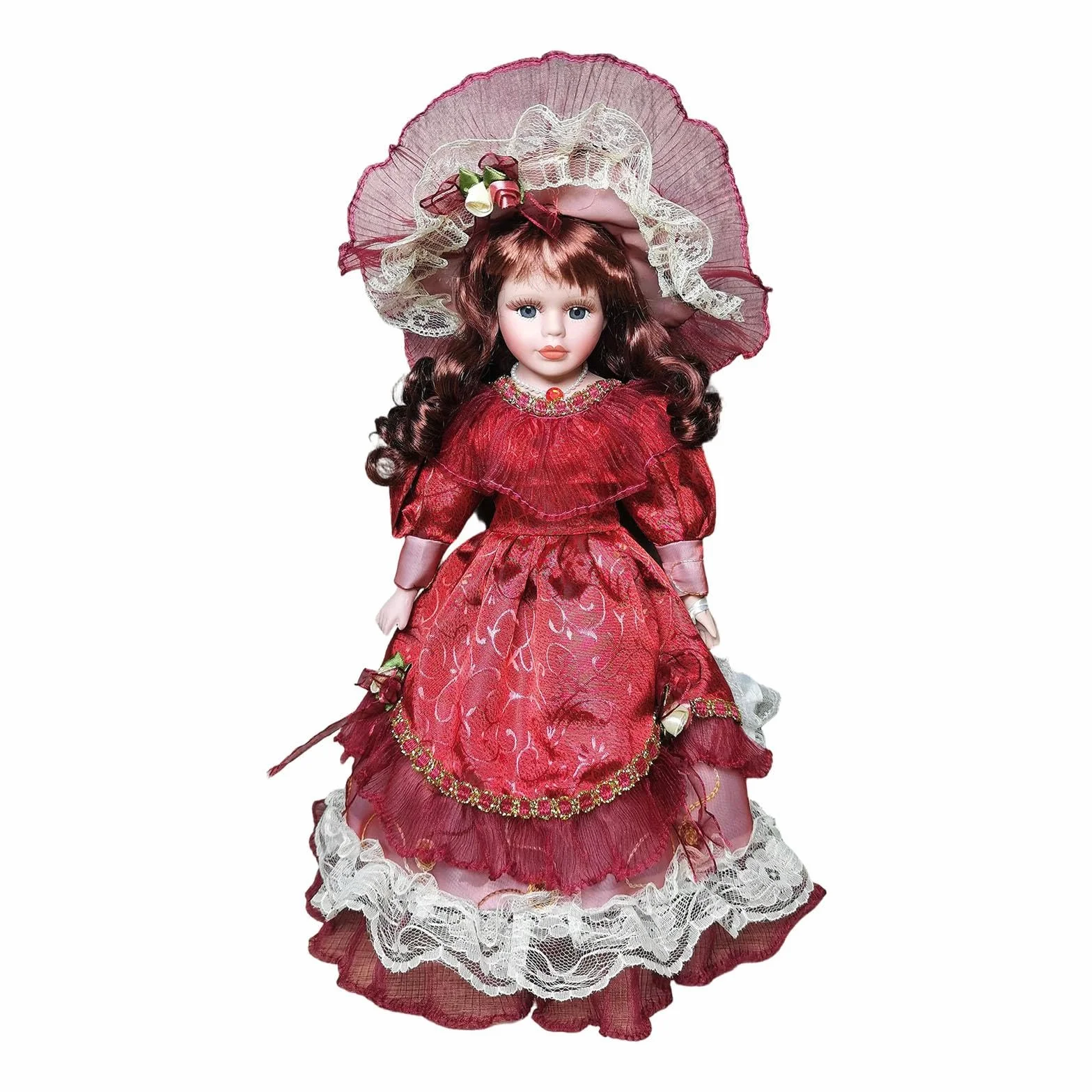 Muñeca de Elegante Figura Decorativa Miniatura con Vestido Antiguo y Sombrero Detallado Mujer Artesanía Adecuada para Regalar Cumpleaños, Burdeos, Individual