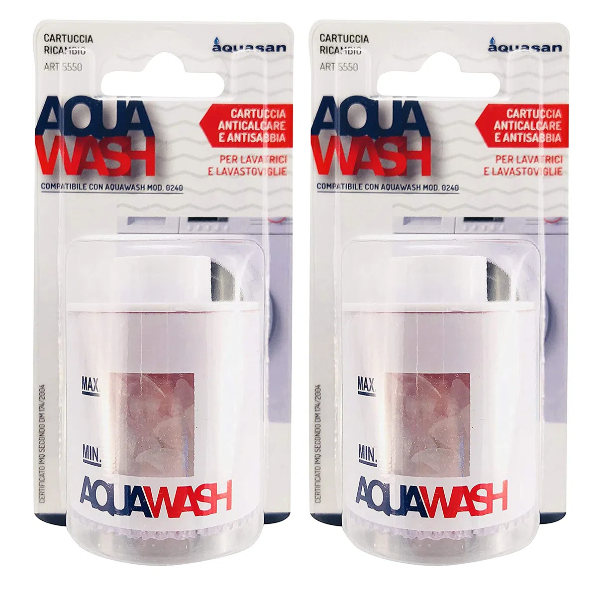 AQUASAN Cartucho de repuesto de 2 piezas para Aquawash – Filtro antical para lavadora y lavavajillas de polifosfato protege tus electrodomésticos filtrando arena y tierra para evitar formación de cal