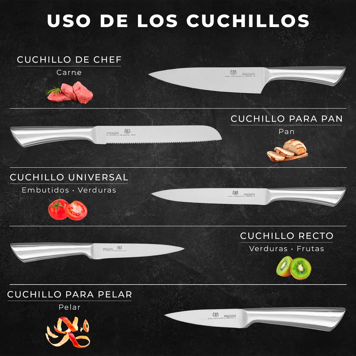 KARL HAUSMANN Set Cuchillos Cocina con Bloque Madera - 6 Piezas - Bloque Cuchillos Madera de Acacia - Cuchillos Cocina Acero Inoxidable