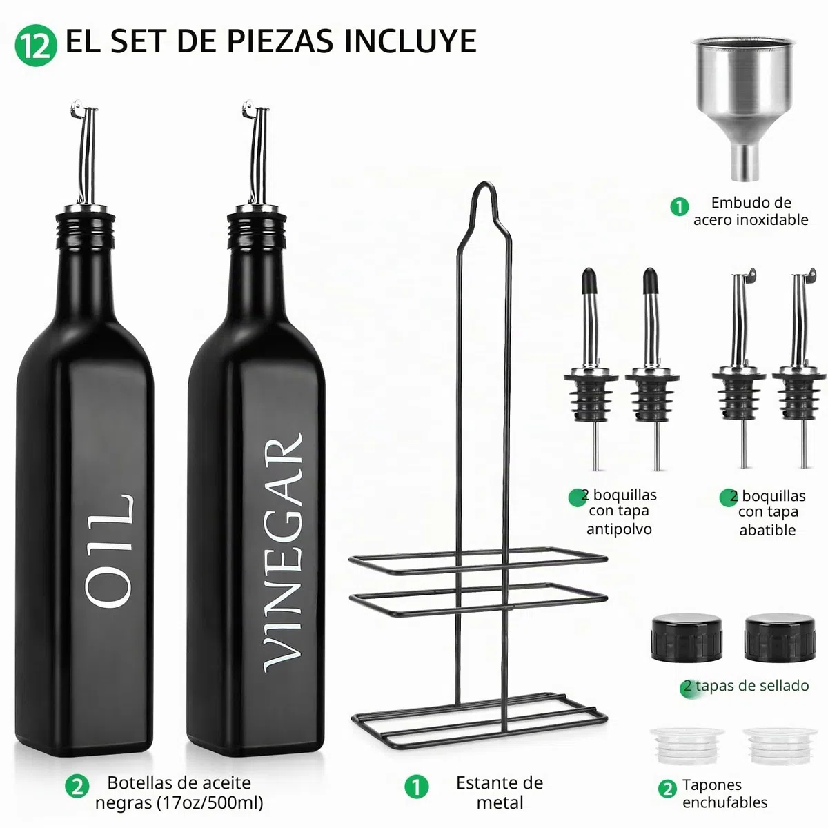 DaiRen Kitchen Juego de 2 dispensadores de aceite y vinagre, dispensador de aceite de oliva blanco y negro con soporte de almacenamiento y boquilla de acero inoxidable, 500 ml, juego de cristal