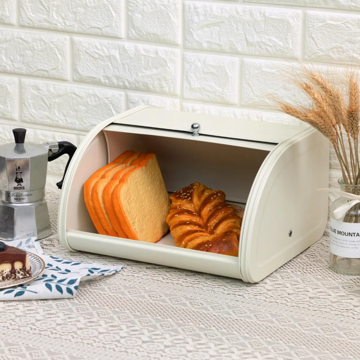 HollyHOME Panera con Cuerpo de Acero Inoxidable Paneras de Metal para Cocina Contenedores de Almacenamiento de pan con Tapa Enrollable de Fácil Almacenamiento, Crema