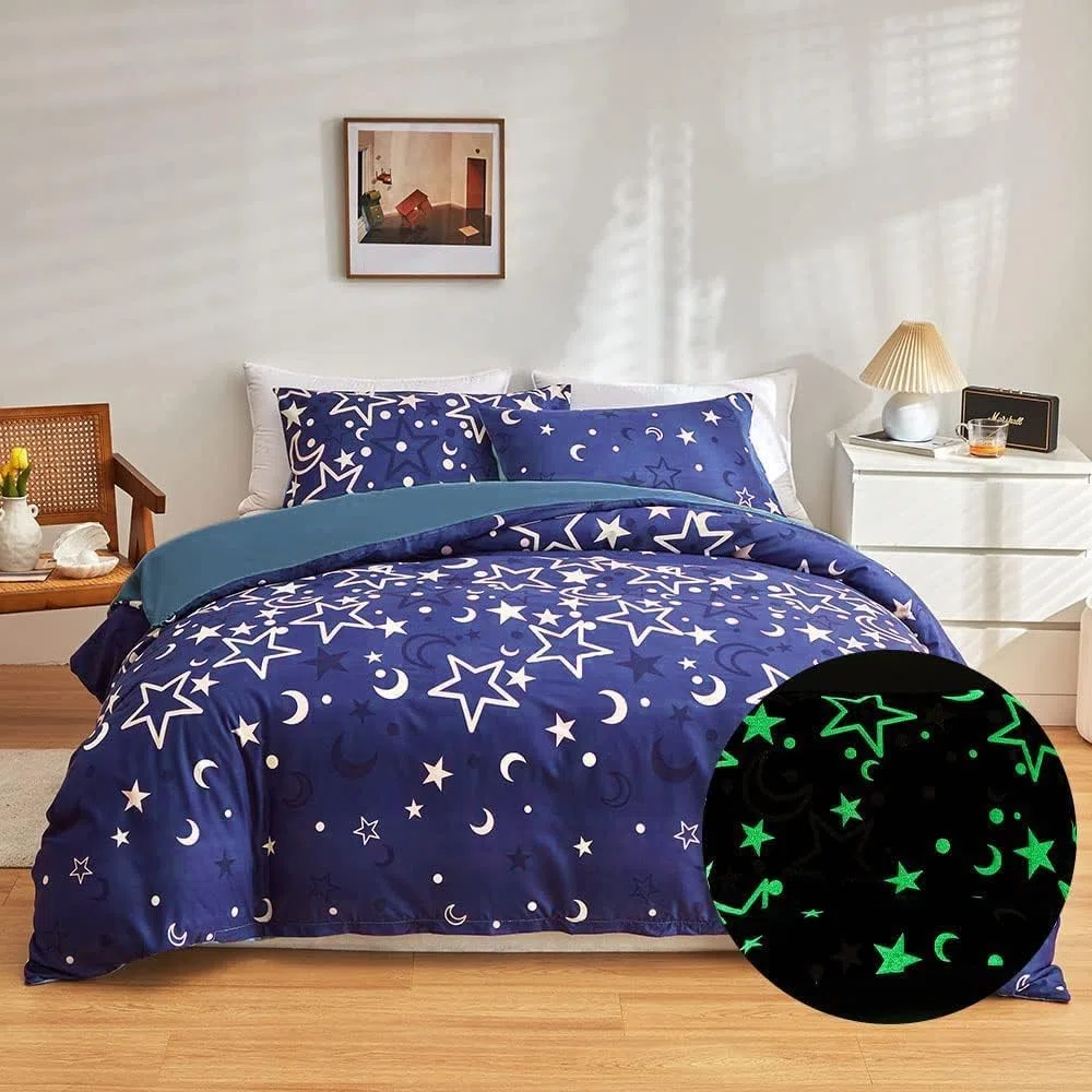 Loussiesd Juego de ropa de cama con diseño de galaxia que brilla en la oscuridad para niñas, color azul, universo estrellado, noche estrellada, súper suave, 135 x 200 cm, espacio exterior, estrellas
