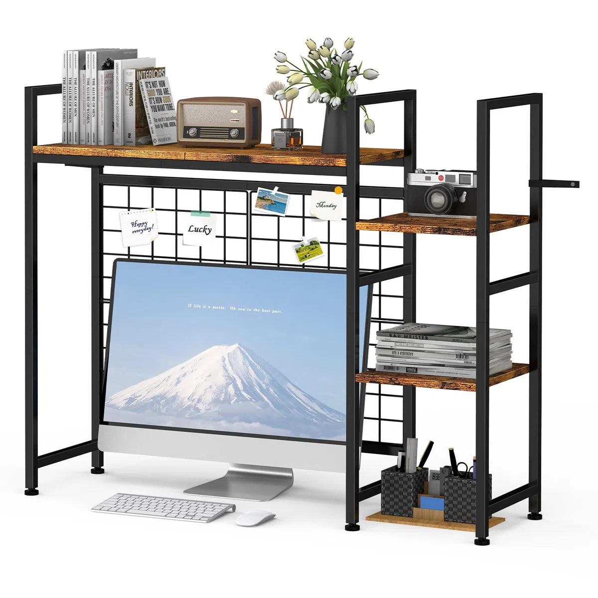 YBING Estantería de escritorio, estantería de libros, estantería de mesa con 4 estantes y compartimento abierto, estante de escritorio para ordenador, estantería multifuncional de madera para el hogar