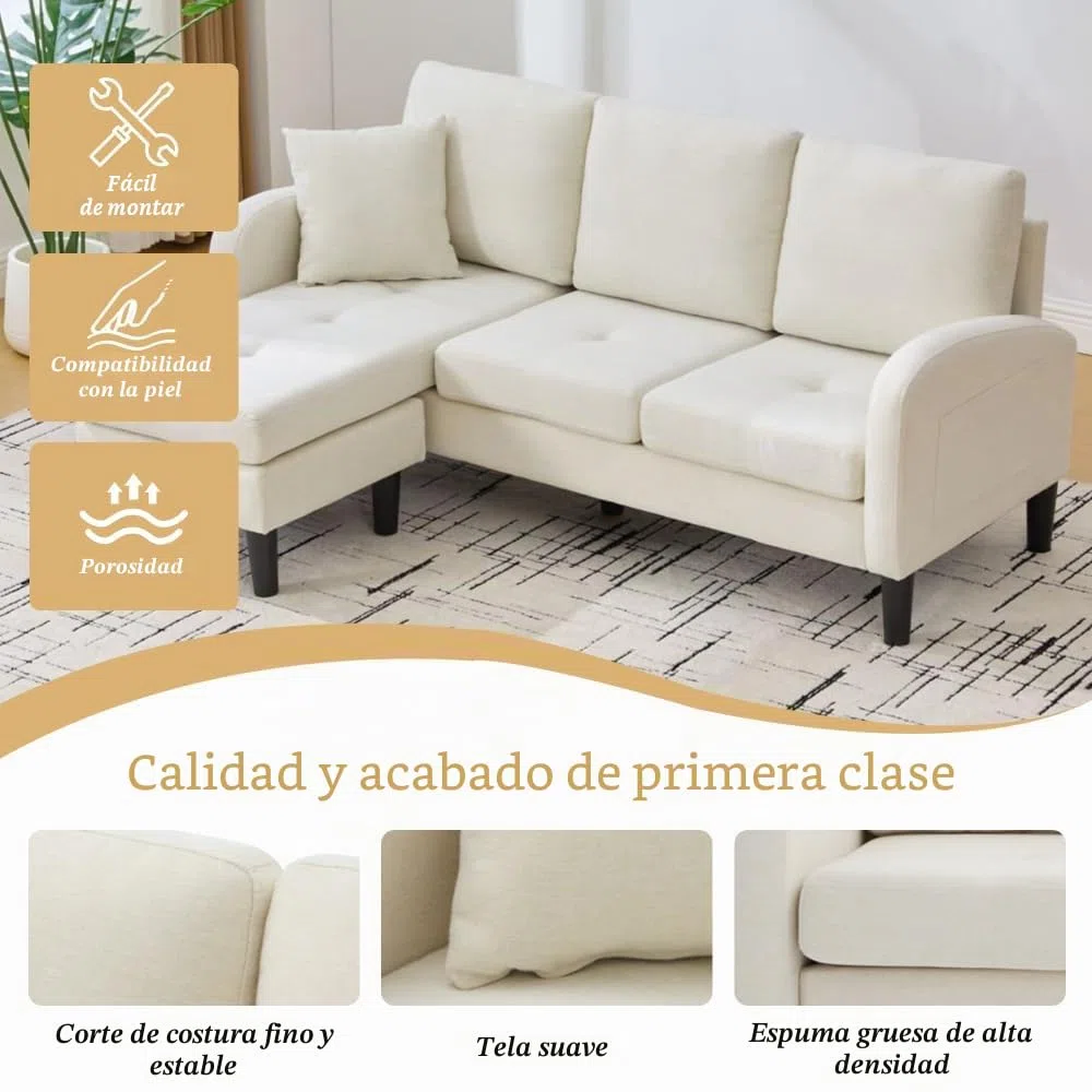 Sofá esquinero en forma de L con chaise longue, sofá de 3 plazas, 166 x 118 x 77 cm, tela transpirable de algodón y lino, patas de plástico, diseño modular, ideal para salas de estar (Beige