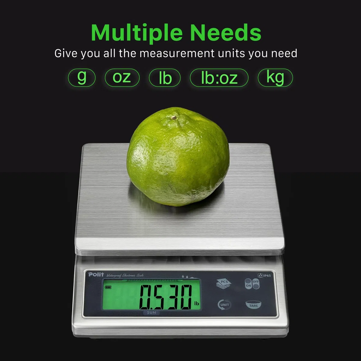 Polit Báscula digital de cocina para alimentos, 13 libras/6 kg, 0,5 g, precisión de 0,5 g, acero inoxidable impermeable con pantalla LCD, recargable, 5 unidades de peso (adaptador de corriente