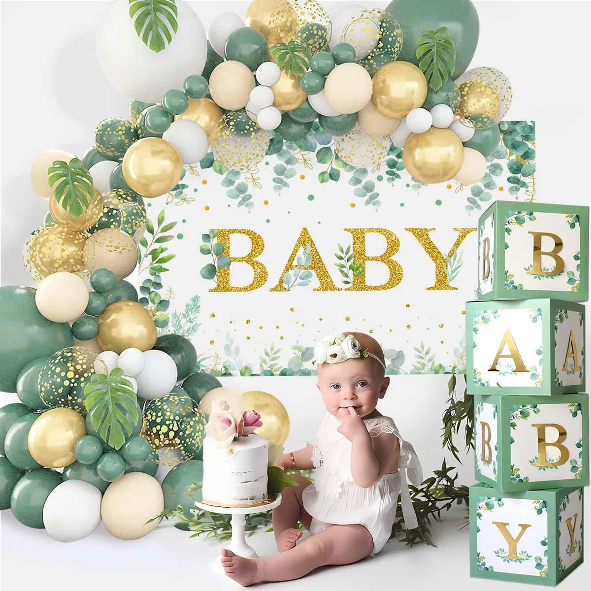 125pcs Decoración Baby Shower Verde Salvia, Cajas Bebé Verde Salvia con Globos Oro Verde y Telón de Fondo de Bebé Verde para Baby Shower Niño y Niña, Fiesta Safari Cumpleaños, Revelación de Género