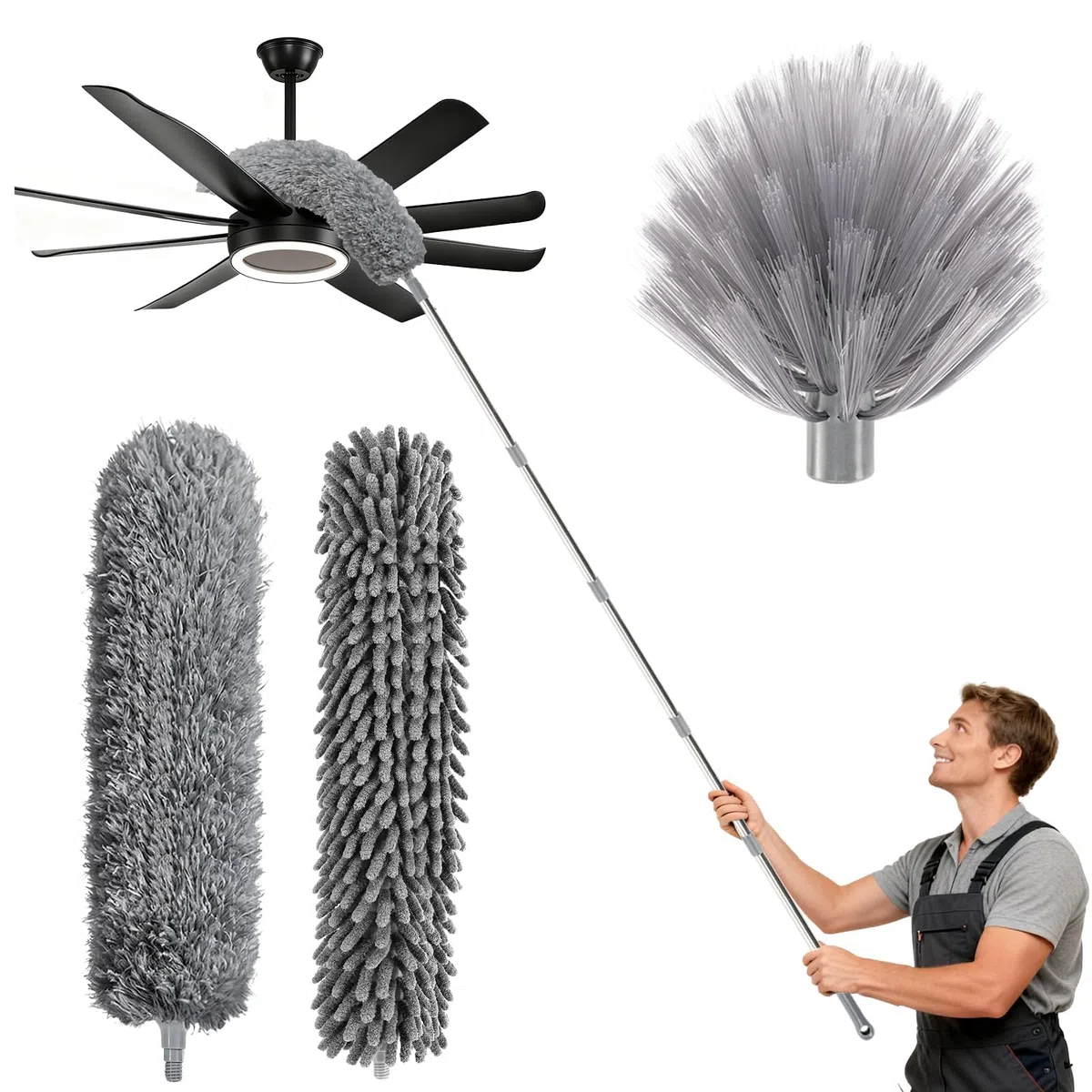 6 m Plumero telescopico Extensible, con Plumero de Microfibra de Tela de araña, Palo telescópico de 1,5 a 4,9 m para Ventilador de Techo, Techo, Ventanas, Paredes, Gris