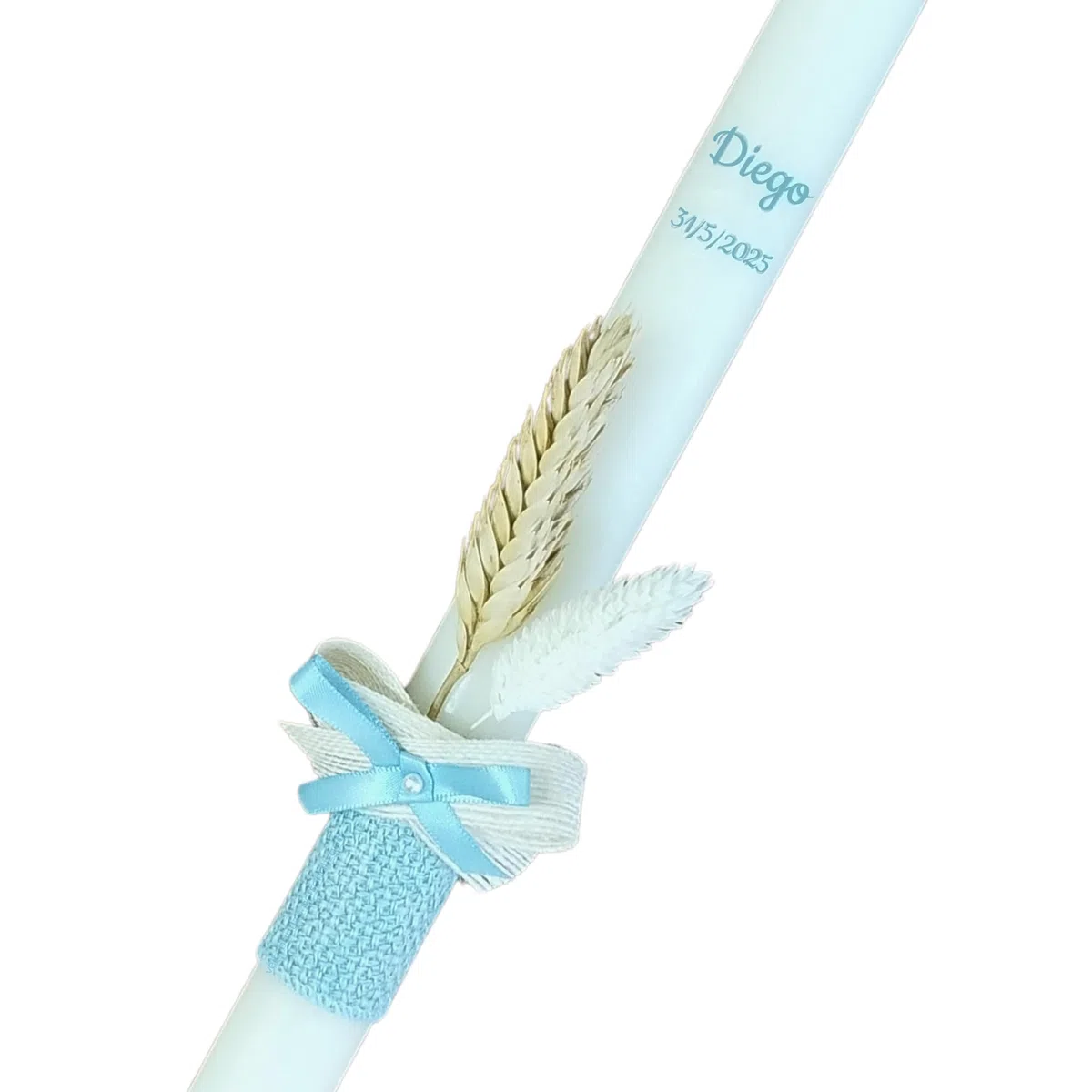 Vela Cirio de Bautizo para Niña o Niño. Decorada con Flores y Cintas. Personalizada a mano de forma Artesanal. Color Natural 2,5x30cm.