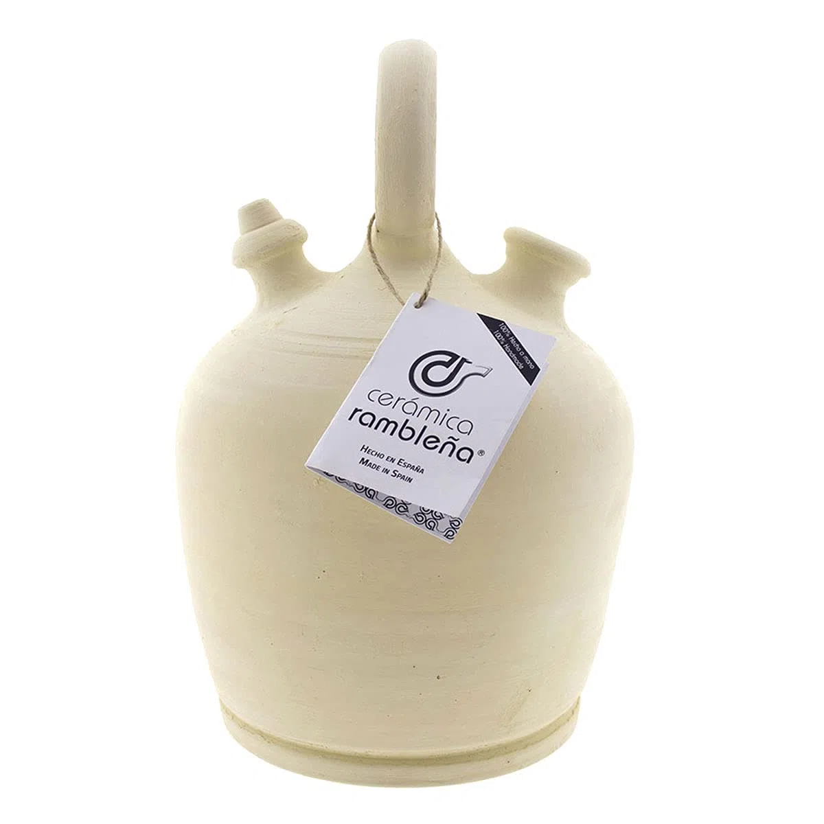 CERÁMICA RAMBLEÑA | Botijo de Barro Tradicional asa Redonda Base Ancha de La Rambla (Córdoba) | 100% Hecho a Mano | 3 litros | Eco | Plato NO Incluido