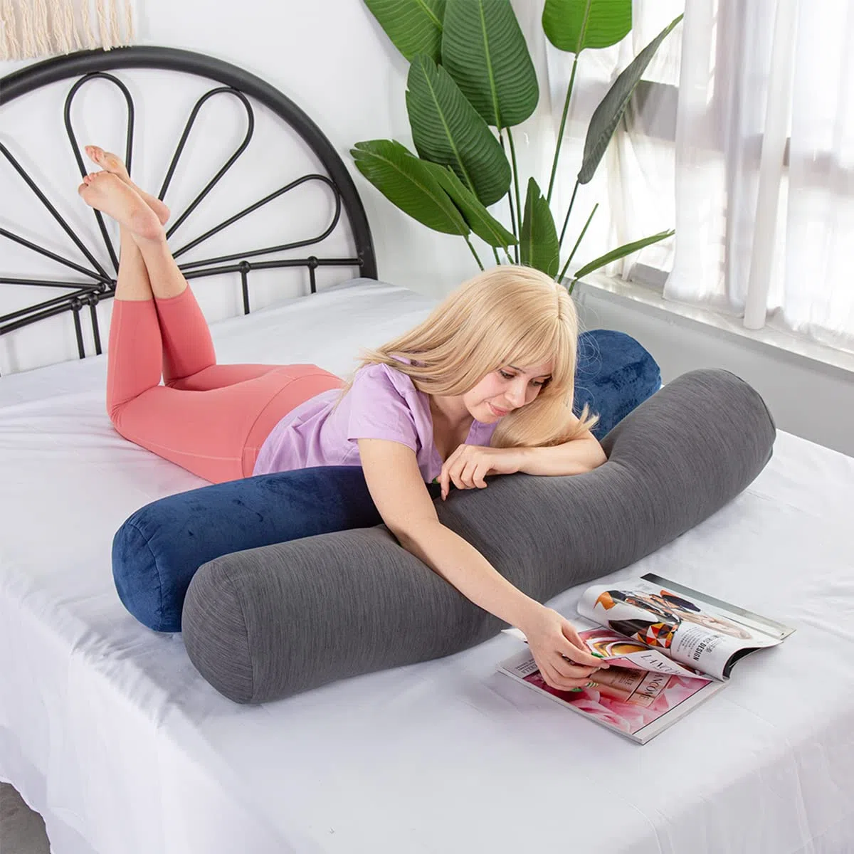 1 MIDDLE ONE - Almohada corporal, almohada de refuerzo con funda refrescante, almohada cilíndrica de rollo para cama, 119 x 20 cm, gris
