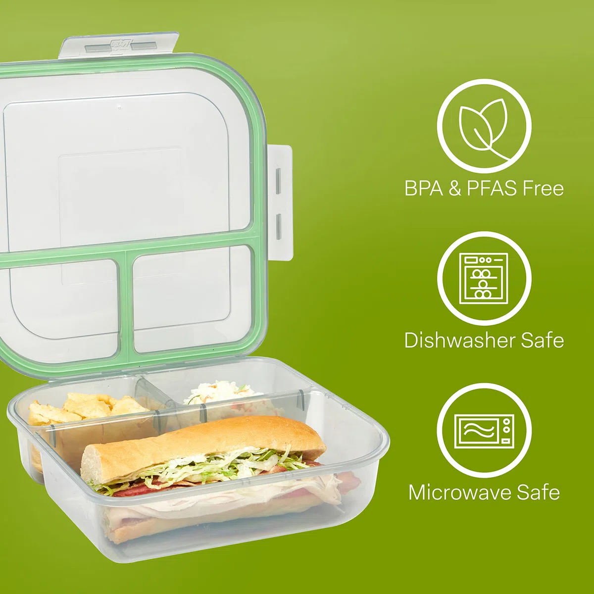 MyGo Container Grandes contenedores para alimentos de 3 compartimentos, paquete de 3, 9-3/8" x 9-3/8" x 2-1/2", reutilizables, apto para microondas, certificado NSF, humo/verde