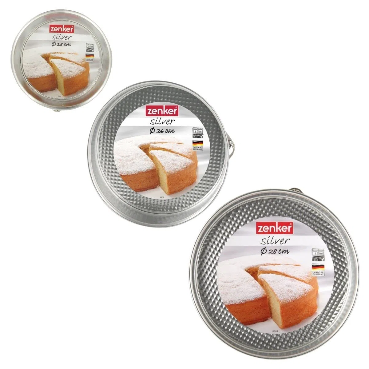 Zenker 9992155 Set de 3 moldes para tartas con bisagras de acero galvanizado, Molde para pastel redondo de hierro blanco, Plateado, Acero galvanizado, Diámetros de 18,5 cm + 26 cm + 28 cm