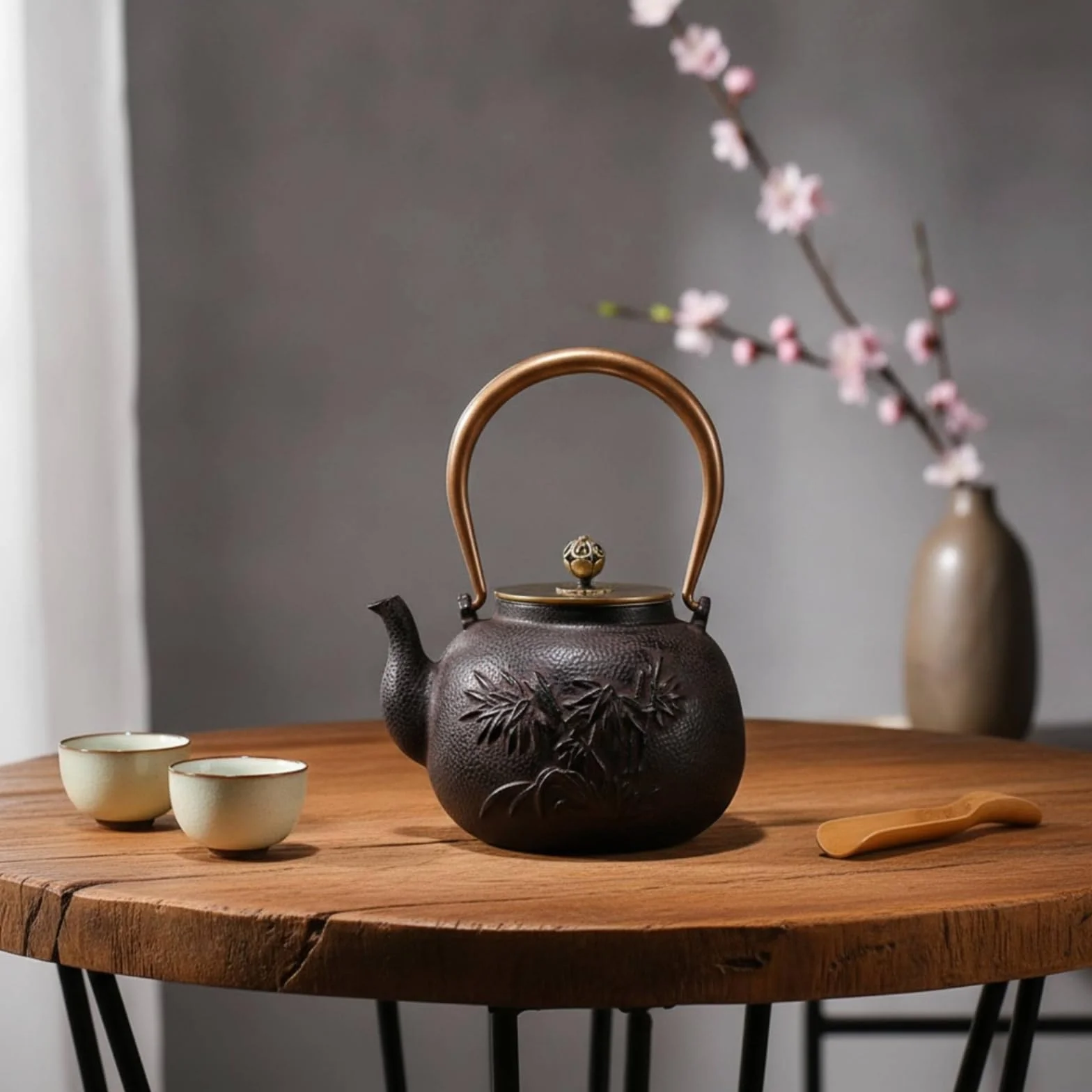 Tetera de Hierro Fundido Tetera Hervidor Jarra Caldera con Colador Interno y Acabado en Relieve Rústico Mango Arqueado y Control de Vertido Adecuada, Black, Chunsemanyuan