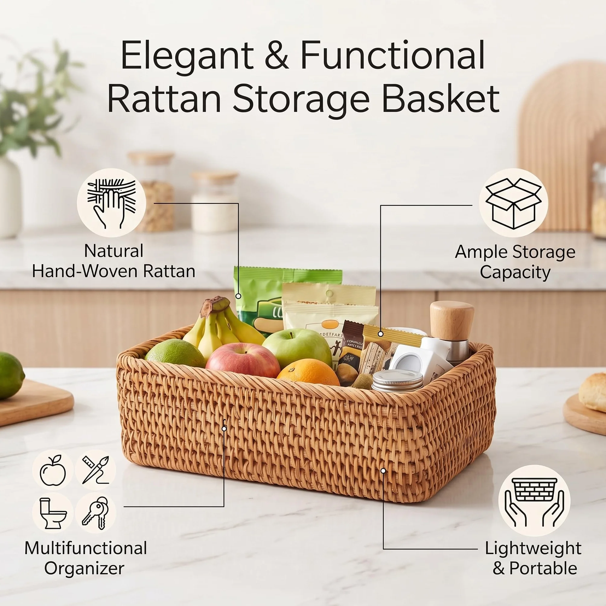 Cestas tejidas de bocadillos y frutas cestas de almacenamiento multiusos rectangulares de ratán para té snacks y frutas cestas de mimbre para cocina salón y oficina