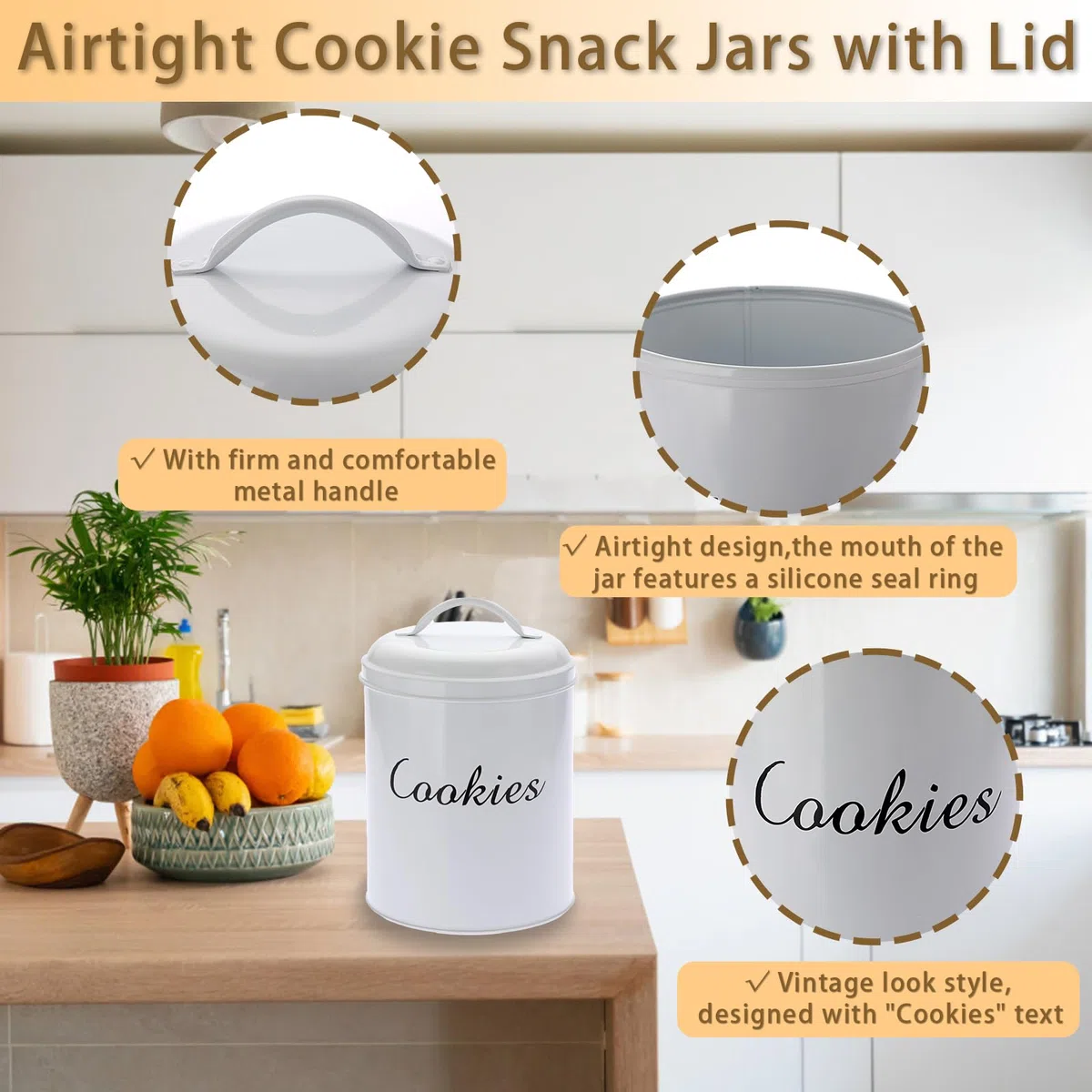SUMTree Tarro de galletas de 1 galón para encimera de cocina, lata grande con tapas, contenedor de almacenamiento de alimentos, tarro de galletas para galletas, postre, regalo, decoración rústica de